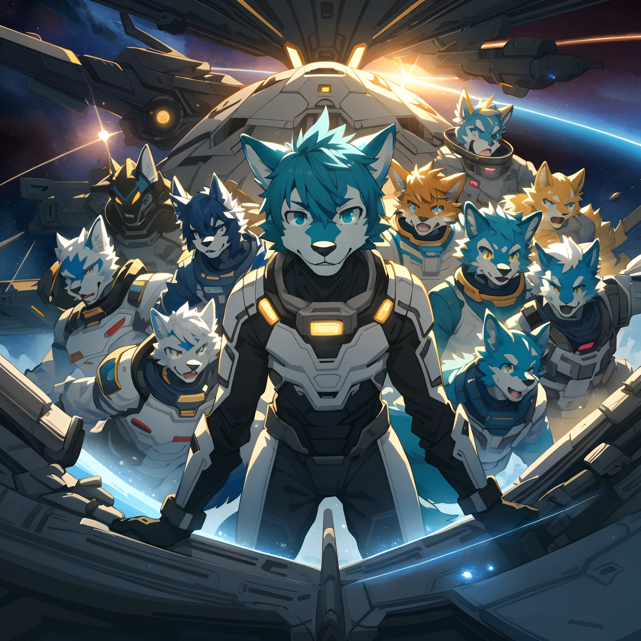 highres, top quality, best quality, paid reward available, High-quality illustrations, unparalleled masterpiece(battle movie of space ship interior)STAR Ocean, Cosmic suit, 6+boys, 6+girls(furry anthro:1.7)absurdres(highly detailed beautiful face and eyes)perfect anatomy, expression, caustics, dynamic lighting, lens flare, deep shadow, assorted poses, dynamic angle,