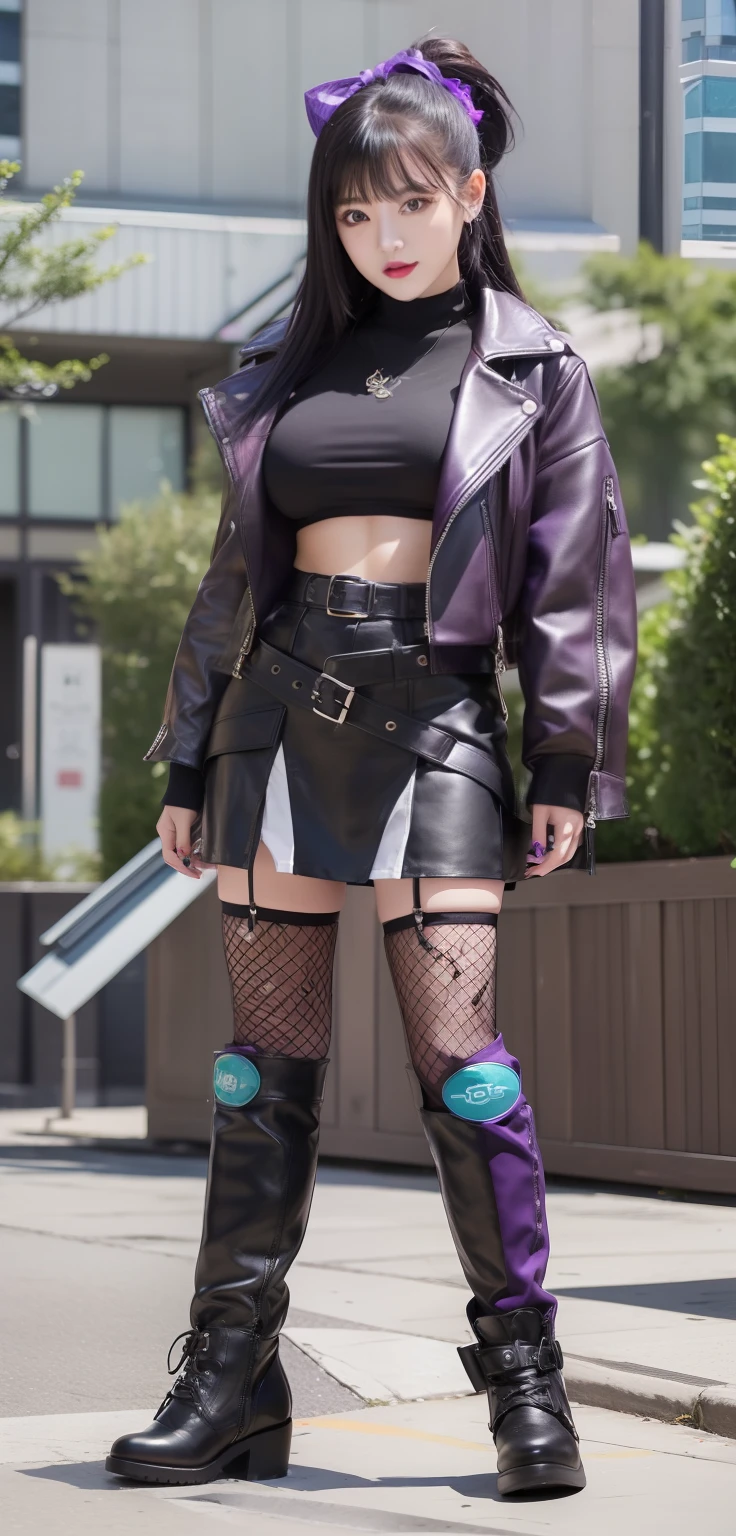infp young woman、Good Style、Semi-long with black hair、Mini tight skirt、leather jackets、Idol face、large full breasts、Purple Fashion、Long black boots、fishnet tights