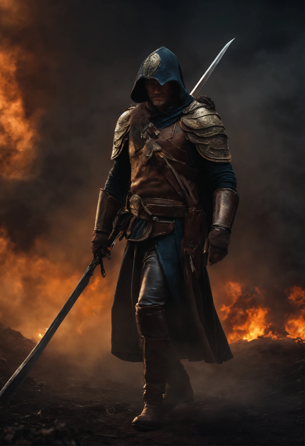 Realistic, 4k, cinemactic, um anjo com grandes asas nas costas, roupas pretas, uma espada, a hood on the head in the background image of the war (caos), master part