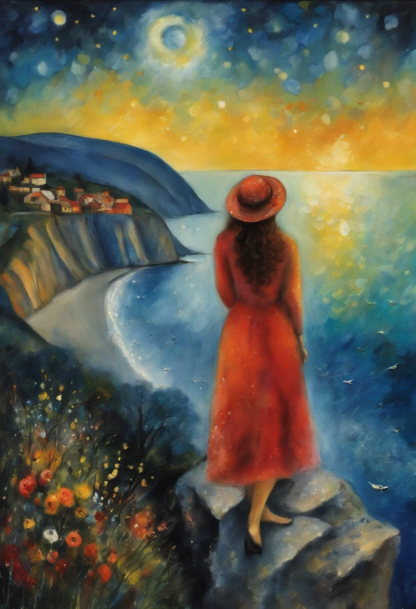 abstract painting|ART|Artistically| Marc Chagall |Ethereal standing on a cliff overlooking the sea surrounded by fireflies shining under the stars<br>Devilish Woman|(highcontrast:1.5) |dream-like |PastelColors|watercolor paiting |(intricate-detail:1.2) |8K分辨率| Artwork inspired by Marc Chagall