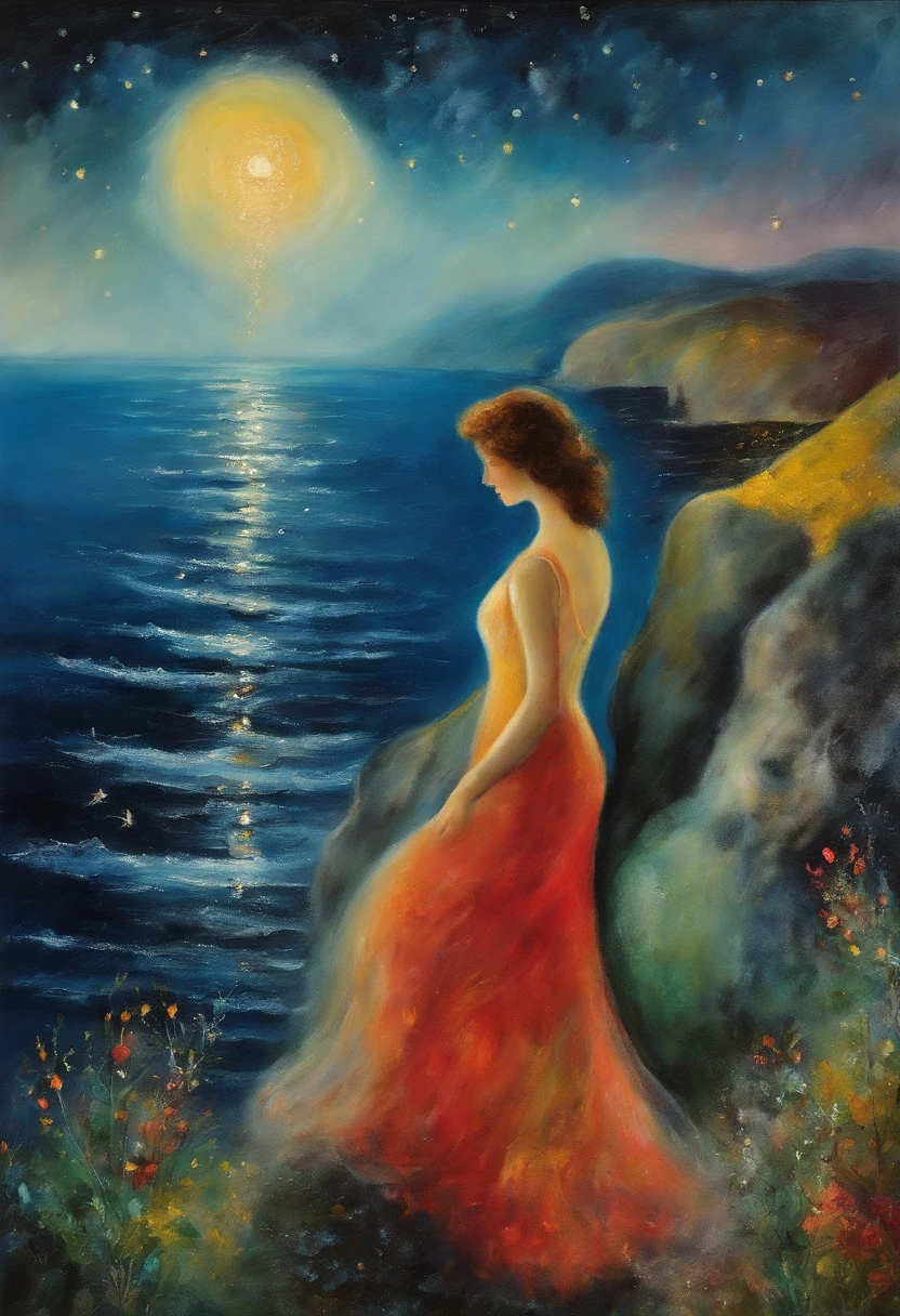 abstract painting|ART|Artistically| Marc Chagall |Ethereal standing on a cliff overlooking the sea surrounded by fireflies shining under the stars<br>Devilish Woman|(highcontrast:1.5) |dream-like |PastelColors|watercolor paiting |(intricate-detail:1.2) |8K分辨率| Artwork inspired by Marc Chagall