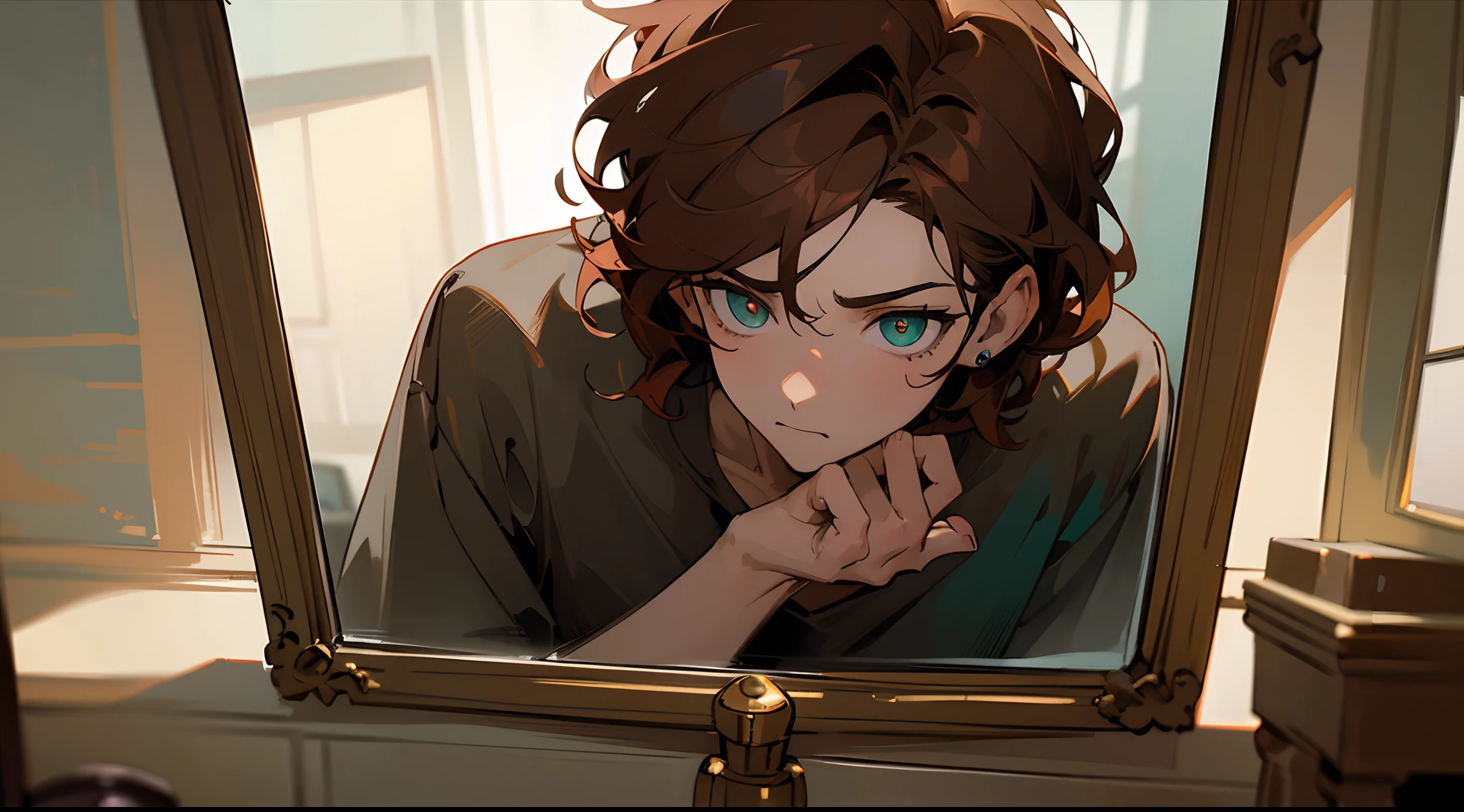 ((tmasterpiece)),(((beste-Qualit))), Close-up of a frightened boy with brown hair looking in the mirror and seeing himself as a monster, Subsurface scattering skin, Attractive humanoid, in rustic clothes, Shirt, high detail, Skinny fantasy man, Fan art, Art, looks in the mirror, handsome male, Green eyes, fright, dread, small pupils, Skinny face, sunken cheeks, Melancholic appearance, sharp chin, Smooth face, earring in the ear, Hair gradient, hair color from brown to red, thin eyebrows, short hair on the side, pixie hairstyle, Wavy Hair, The Ancient Mirror, Mirror on the wall, Cool dark shades, Additional lighting