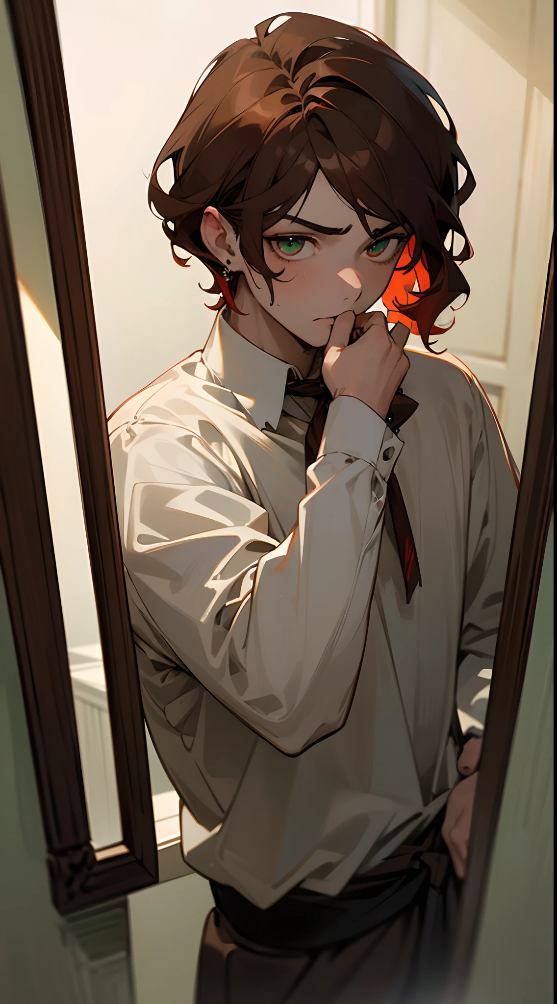 ((tmasterpiece)),(((beste-Qualit))), Close-up of a frightened boy with brown hair looking in the mirror and seeing himself as a monster, Subsurface scattering skin, Attractive humanoid, in rustic clothes, Shirt, high detail, Skinny fantasy man, Fan art, Art, looks in the mirror, handsome male, Green eyes, fright, dread, small pupils, Skinny face, sunken cheeks, Melancholic appearance, sharp chin, Smooth face, earring in the ear, Hair gradient, hair color from brown to red, thin eyebrows, short hair on the side, pixie hairstyle, Wavy Hair, The Ancient Mirror, Mirror on the wall, sees a vampire with red eyes in the reflection, Cool dark shades, Additional lighting