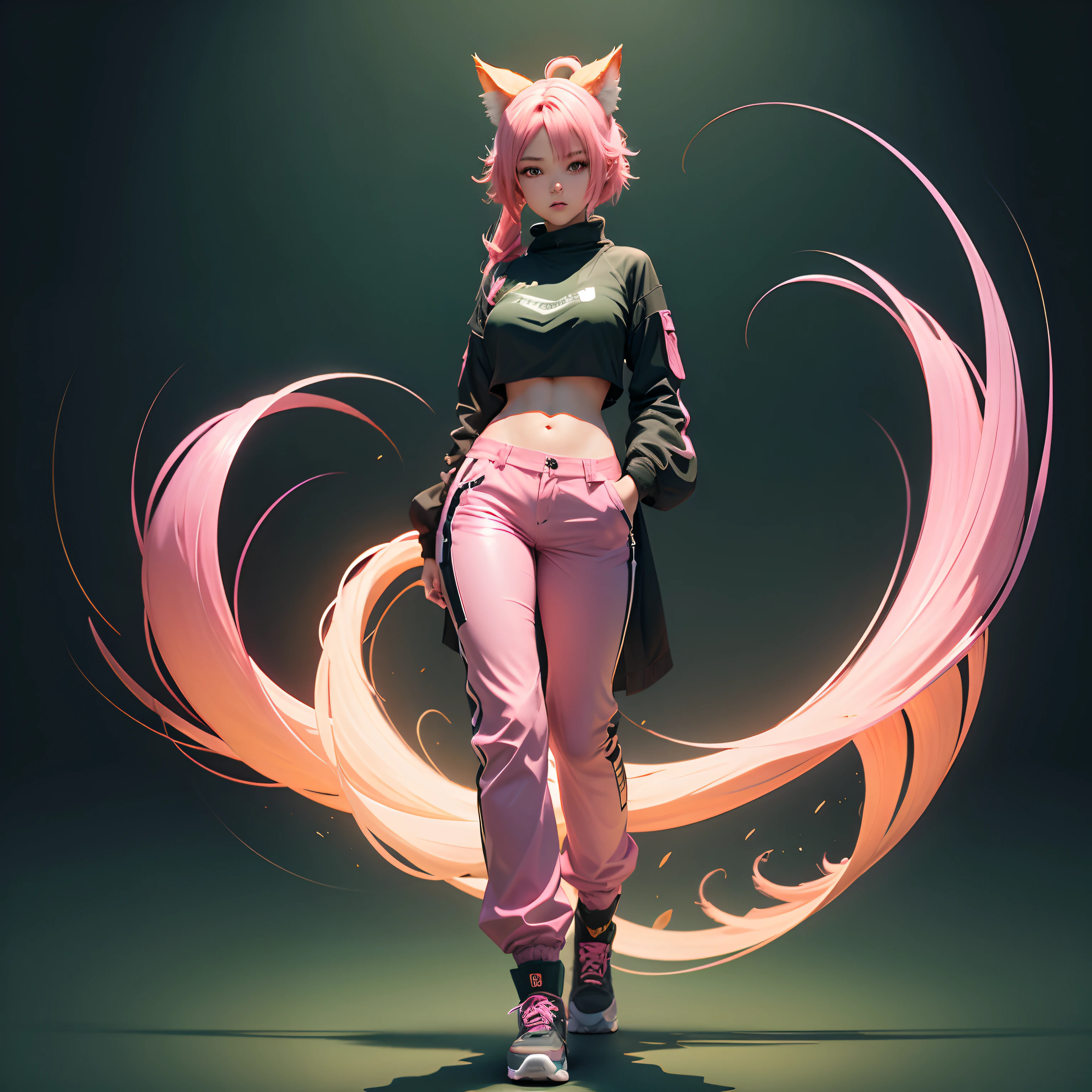 1girl, animal_ears, long pants, full body view, ultra detailed, gradient, gradient_background, green_background, looking_at_viewer, pink_hair, solo by JM