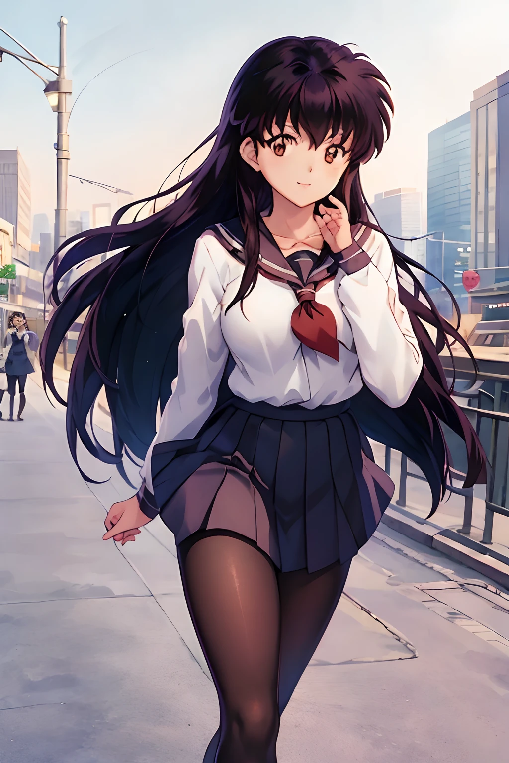 (Best Quality), 1Woman,1girl Kagome Higurashi, brown eyes, full body, photorealistic, (hyperrealistic:1.2), perfect eyes, perfect face, perfect lighting, outdoors, warm colors, city, school uniform, happy, , walking,, smile, thighs pantyhose