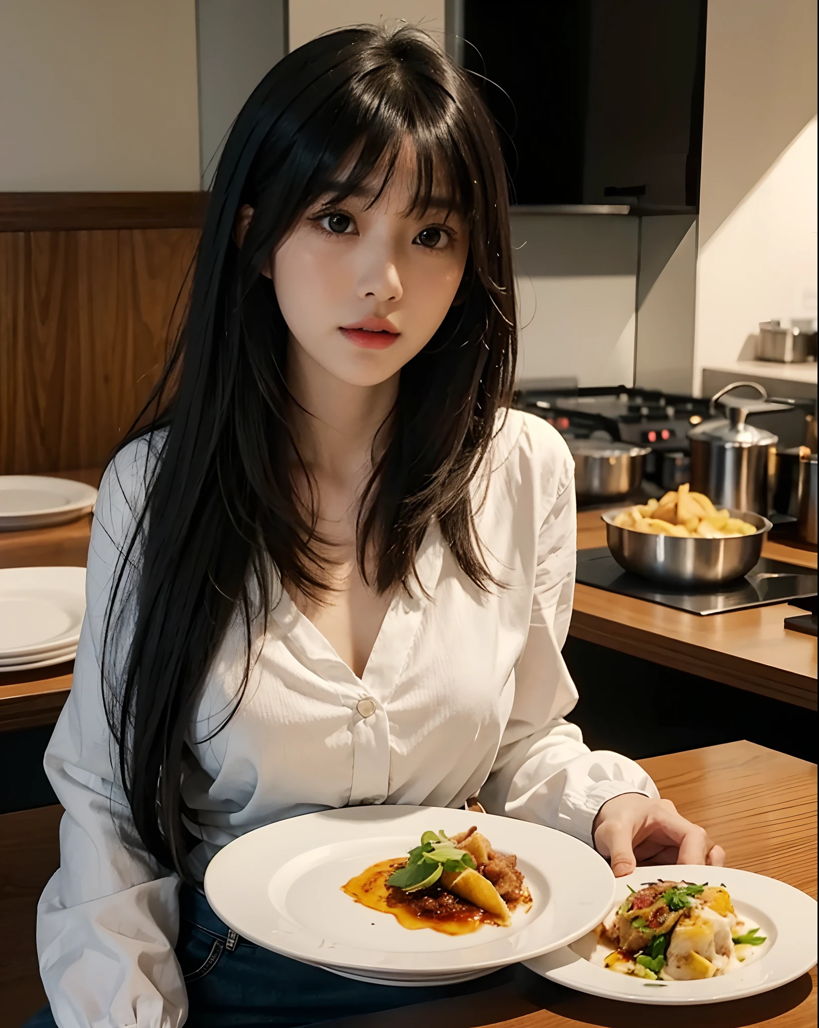 laughing out loud,In the restaurant,Eating delicious food at the table,There is a plate of food on the table,Capture the whole picture of food,(knee shot), 1 woman, On the face, laughing out loud,light brown hair, blunt bangs, hair behind ears, Hair over the shoulders, long hair, Slender body type, Super thin face, face slimming, delicate lips, beautiful eyes, Thin blush, Eyes are light brown,Check it out here, (realistic:1.3), One person's perspective, 8k, Super detailed, high quality, best quality, High resolution,(masterpiece))、(top quality)、8k、high detail、Super detailed,21 years old female,Seductive and whimsical style、masterpiece、born、Scenes resembling fairy tale illustrations、Beautifully、magic、capricious、 Beautifully、Dream aesthetics、「𝓡𝓸𝓶𝓪𝓷𝓽𝓲𝓬、ethereal、charming、fickle、magic」、Realism、Visual effects、FXAA、SSAO、Shaders、voiceless、ambient lighting、Tone mapping、High resolution、Ultra high quality、Million pixels、(8k resolution:1.10)、8k、Below 8K、8k resolution、high detail、intricate details, (high quality:1.2、masterpiece:1.2、:1.21)、(21 years old female:1.21)、