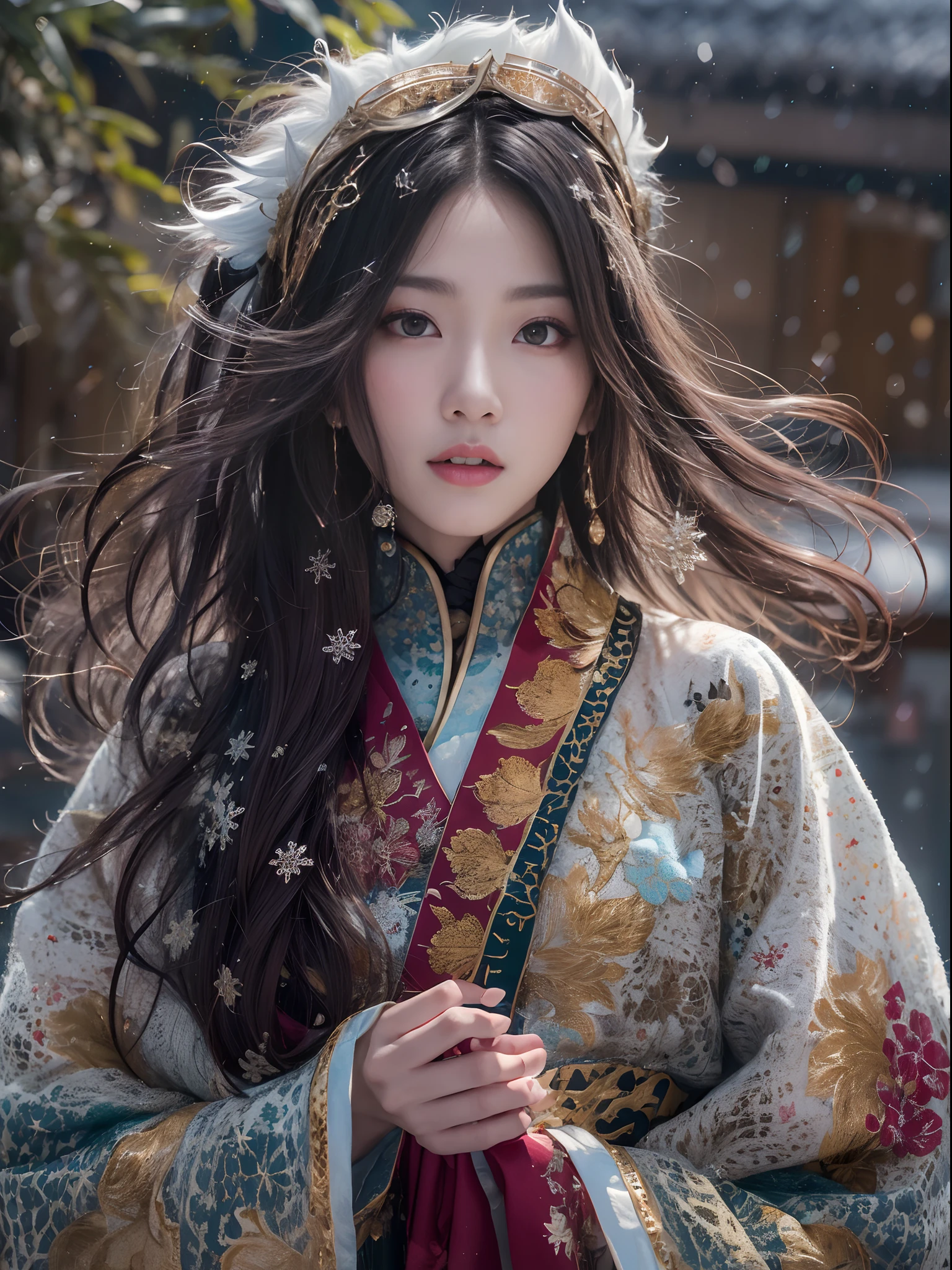 Chinese Tibetan girl, flowing hair, burgundy hair, Onsen District, Flame Girl, Yao Lang protector, python pattern robe, Black gold master Kawashima work headdress, gradient glass texture, ultra-realistic, (masterpiece, hyper HD, 32K), Snowflakes fluttering, high resolution, detailed, RAW photograph, Nikon D850 Film Stock Photo by Jefferies Lee 4 Kodak Portra 400 Camera F1.6 shots, cinestill 800 film, Rich colors, vivid textures, Dramatic lighting, Unreal Engine, trending on ArtStation