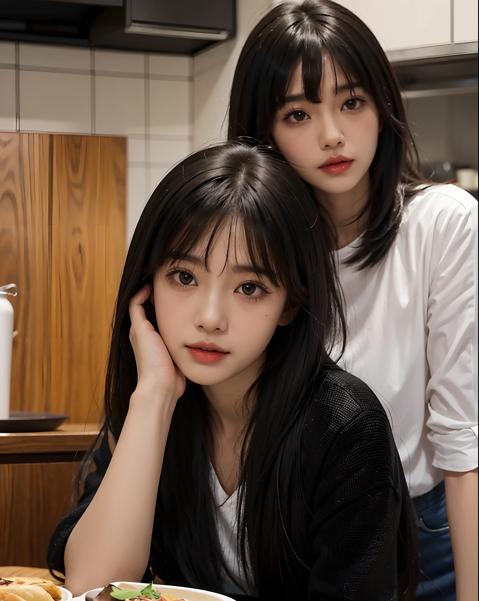 there is a woman sitting at a table with a plate of food, lalisa manobal, with bangs, anime thai girl, dilraba dilmurat, ruan cute vtuber, hair whitebangs hair, she has black hair with bangs, ulzzang, neat hair with bangs, long hair with bangs, dang my linh, with full bangs