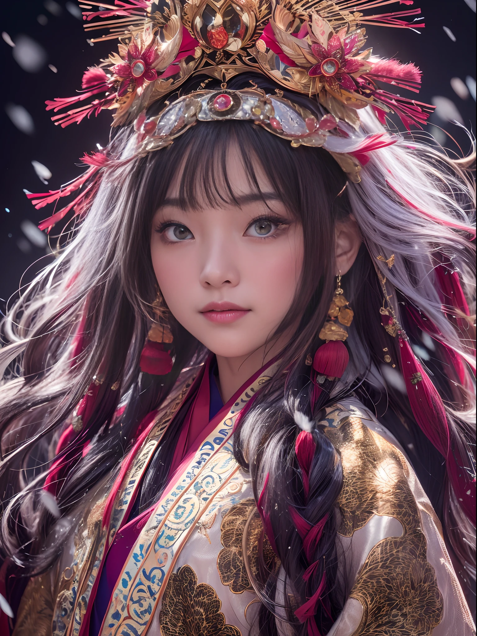 Chinese Tibetan girl, flowing hair, burgundy hair, Onsen District, Flame Girl, Yao Lang protector, python pattern robe, Black gold master Kawashima work headdress, gradient glass texture, ultra-realistic, (masterpiece, hyper HD, 32K), Snowflakes fluttering, high resolution, detailed, RAW photograph, Nikon D850 Film Stock Photo by Jefferies Lee 4 Kodak Portra 400 Camera F1.6 shots, cinestill 800 film, Rich colors, vivid textures, Dramatic lighting, Unreal Engine, trending on ArtStation