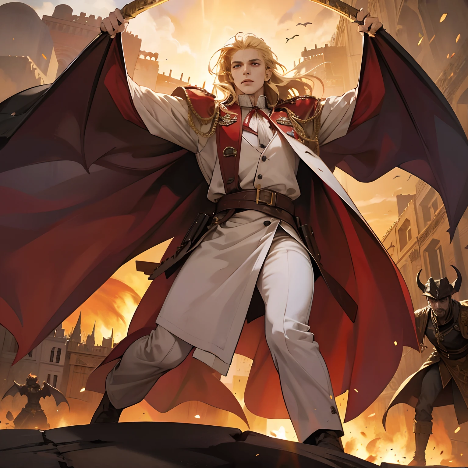 Lord Dracula blond hair leading troops armed with demons in moroccan environment city architecture hyper realistic super detailed dynamic shot masterpiece cinematic scene scenes legendary epic movie legendary perspective super detailed sharp poses