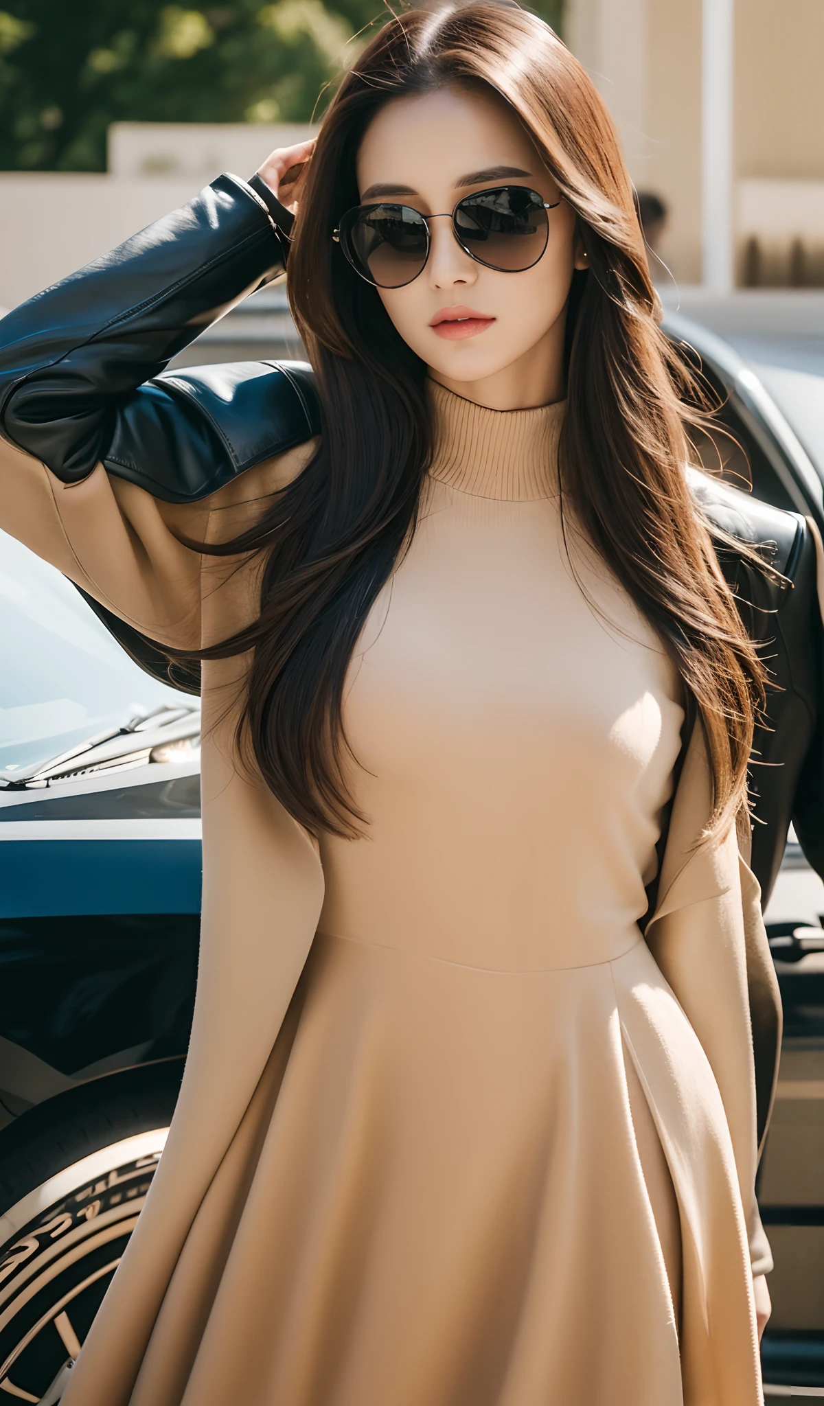 In this top-quality, high-resolution image, we see a photorealistic depiction of a pretty Japanese woman. She is the sole focus of the image, with her brown, long hair flowing beautifully. Her face is hyperdetailed, with meticulous attention given to her skin and lips. She exudes confidence and style, wearing black sunglasses and a black leather jacket over her broad shoulders. A beige muffler adds a touch of elegance to her ensemble, accentuating her long legs clad in denim. She completes the look with black high heels, which enhance her leggy appearance. The woman is seen driving a Harley-Davidson motorcycle by the pool on a sunny day, with natural lighting casting a warm glow on the scene. The image captures every detail, from the intricate hairs on her head to the hyperdetailed features of her face. With its realistic portrayal and masterful execution, this image is truly a work of art.