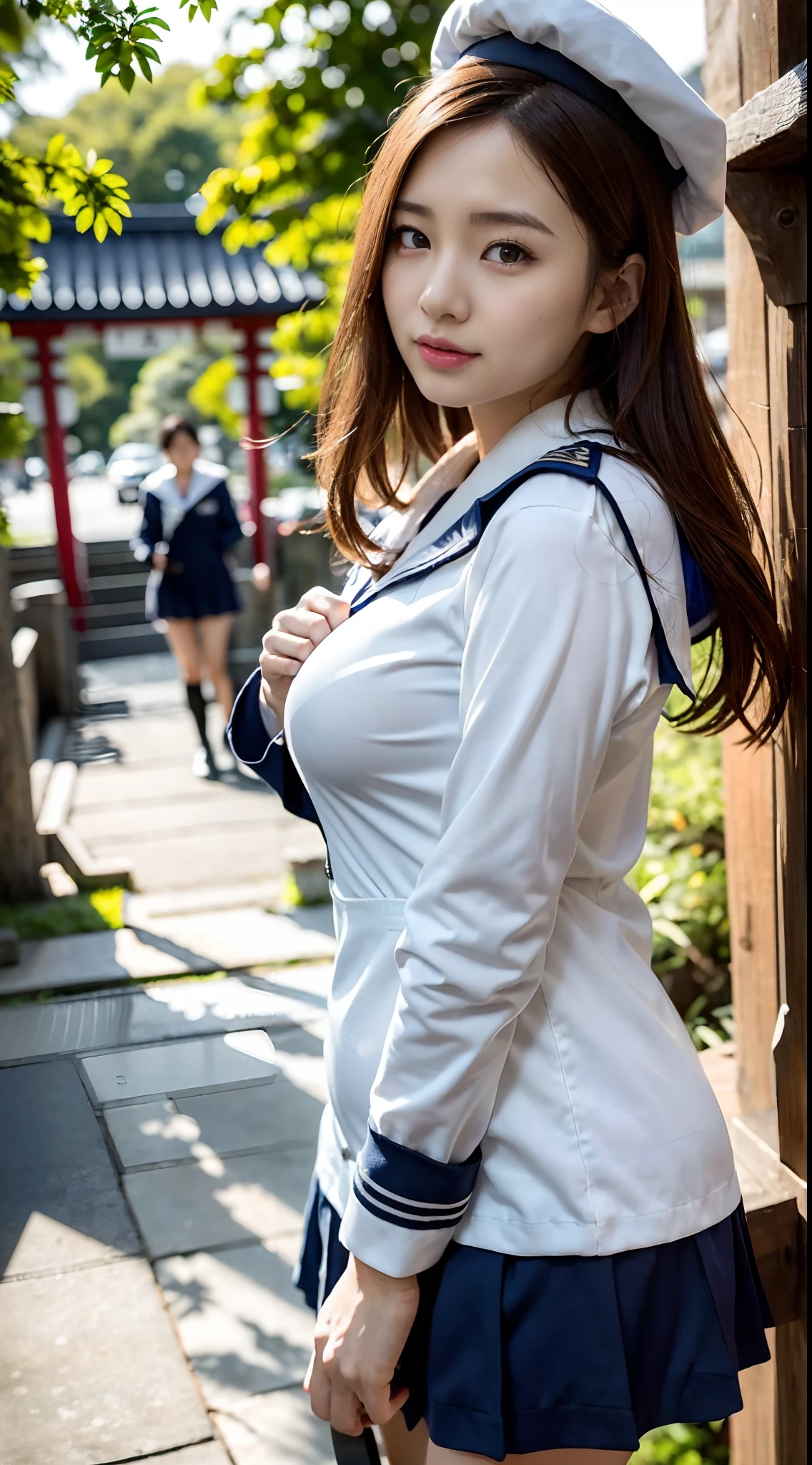 mix4, (16 K, Raw photography, Top image quality, ​masterpiece: 1.45), (realisitic, Photorealsitic: 1.37), one girls, 7．5, etc、Random hairstyle、Standing figure，Noon time slot、a very cute, Precincts of the shrine,, profetional lighting, photon maping, a park、physically-based renderingt, Gradient dark brown hair,, a handsome, Well-groomed and beautiful eyes、Large double eyelids、Very shiny、girl with, (((student clothes、Long sleeve sailor suit worn by Japan girl、red cuffs、Dark blue mini skirt, Small gray beret、Dark blue knee-high socks、Black loafers))), Top Quality Photos, hight resolution, 1080p, (clearface), (Detailed face description), (Detailed hand description), (​masterpiece), (Exquisite CG)、extreme light and shadows、dishevled hair、master work、abundant detail、(Fine facial features)、(top quality photo)、(masuter piece)、(A detailed eye)、Look in front of you、Fine clavicle、((Slender big))、(((Japan schooln long-sleeved sailor suit)))、((Ready Idol System))、((Precincts of the shrine、torii gate、Tesuisha、Komainu))、(Shooting from random perspectives)、(((Anyway cute)))、耳Nipple Ring、A big smile、Drawing the whole body from the knees、Do not draw nasolabial folds、(((Long-sleeved sailor suit)))、(Big breasts that hang down big:1.2)、Big buttocks with tension、Two arms and two legs、(((from the front side:0.7)))、bare hand、No mask、