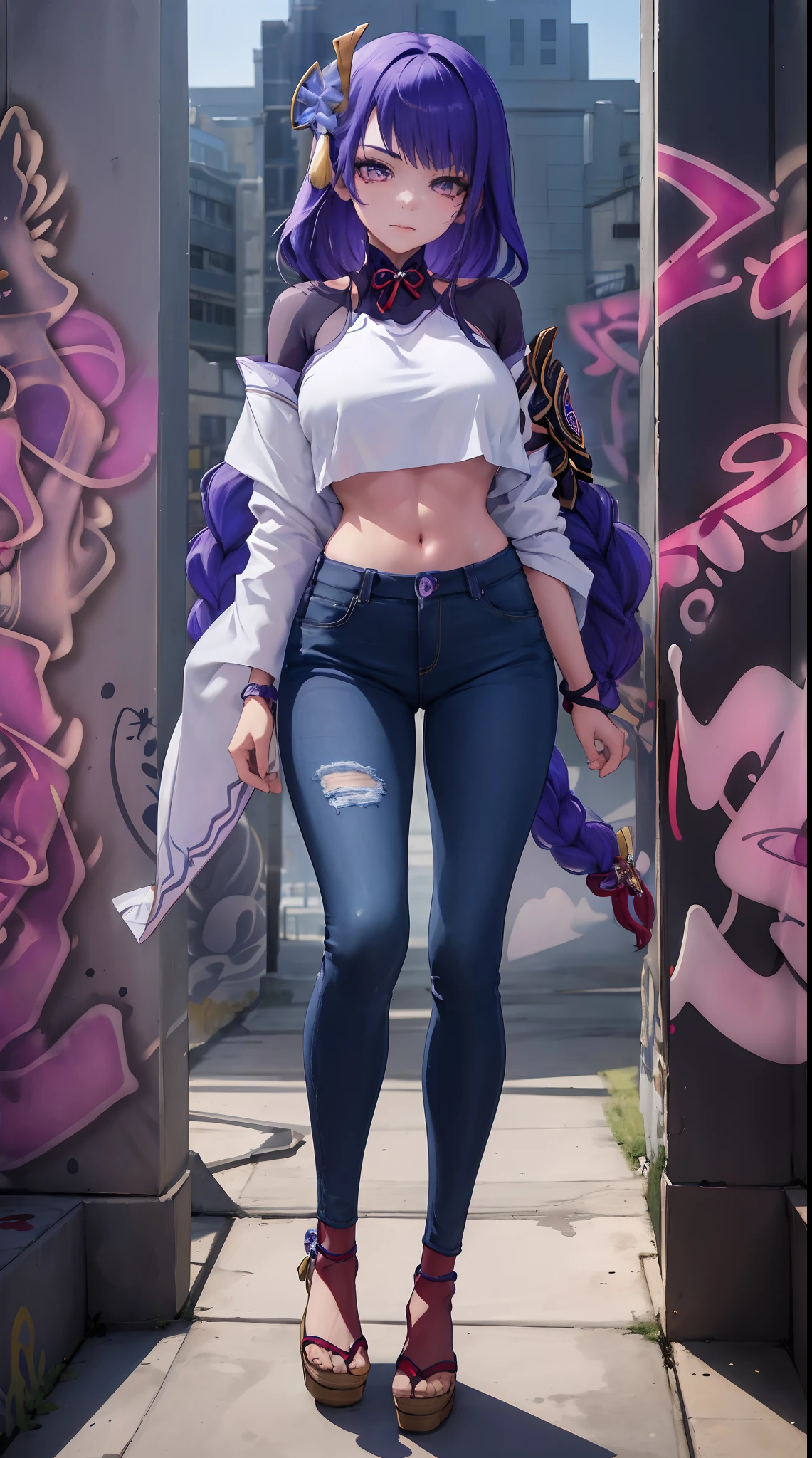 Raiden Shogun Genshin Impact, masterpiece, bestquality, 1girls, bara, crop top, shorts jeans, choker, (Graffiti:1.5), color splashes, arm behind back, against wall, looking at the audience, bracelet, Thigh strap, Paint on the body......................., Head tilt, bored, multicolored hair, water eyes, headset,