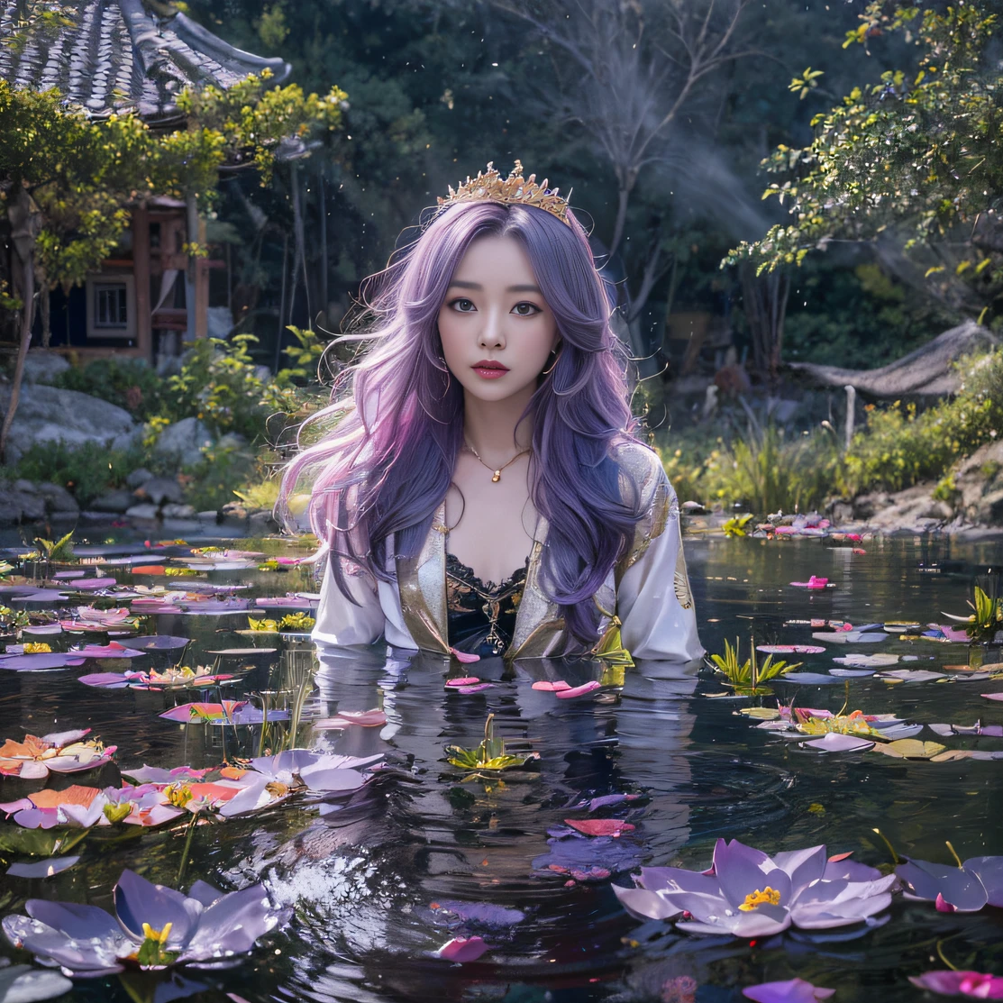 Genki Girl 32K（tmasterpiece，k hd，hyper HD，32K）Long flowing bright purple hair，Autumn Pond，zydink， a color， Proud of the Continent （The astronaut）， （Black and gold scarf）， Combat posture， looking at the ground， long whitr hair， Floating bright purple， Fire cloud pattern gold tiara， Chinese long-sleeved gold silk garment， （Abstract metaverse splash：1.2）， white backgrounid，Lotus vitality protector（realisticlying：1.4），Bright purple hair，Smoke on the road，The background is pure， A high resolution， the detail， RAW photogr， Sharp Re， Nikon D850 Film Stock Photo by Jefferies Lee 4 Kodak Portra 400 Camera F1.6 shots, Rich colors, ultra-realistic vivid textures, Dramatic lighting, Unreal Engine Art Station Trend, cinestir 800，A girl with long flowing bright purple hair