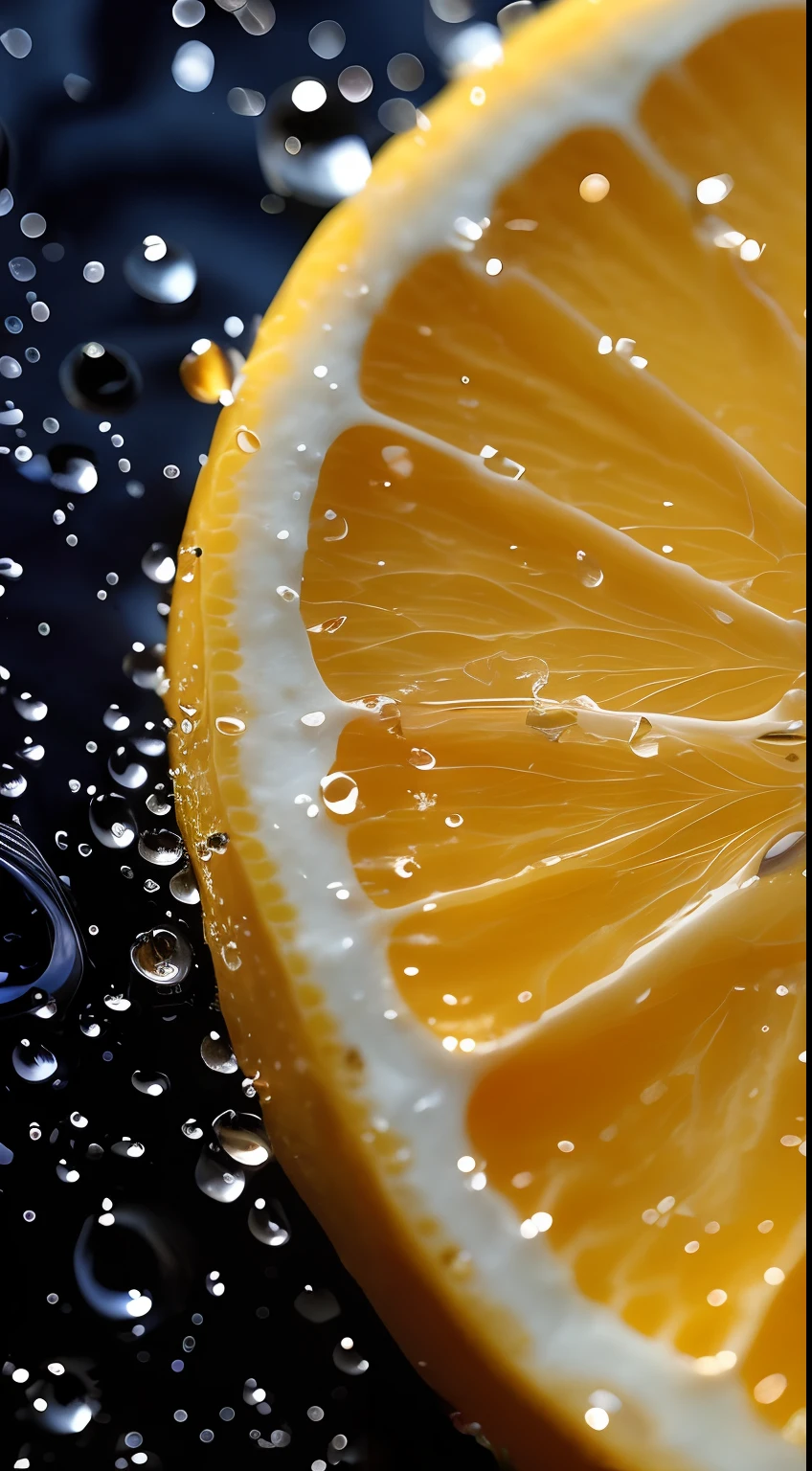 There is a close-up of a drop of an orange, professional fruit photography, Close up photography, detailed droplets, Orange flakes, close up food photography, Close-up photography, Close-up - upward photography, droplets, focus on droplets, macro photography, Water droplets, Detailed photography, macro art, hd macro photographs, Close-up macro photography