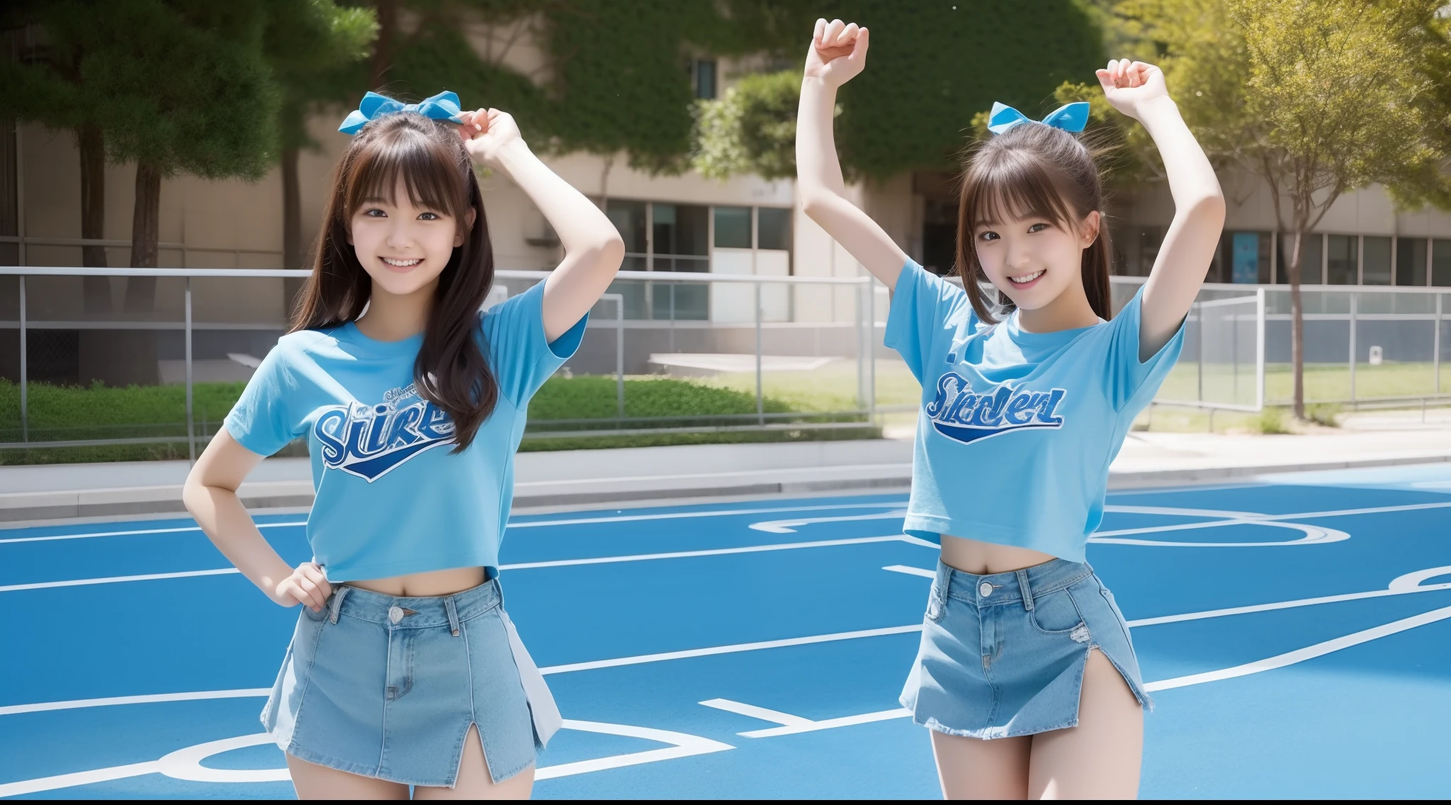 18-year-old cheergirl in a light blue miniskirt(T-shirt wearing)