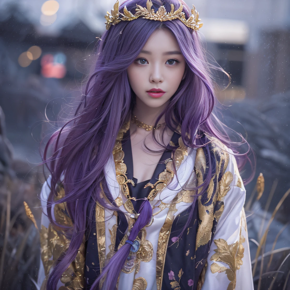 Genki Girl 32K（tmasterpiece，k hd，hyper HD，32K）Long flowing bright purple hair，Autumn Pond，zydink， a color， Proud of the Continent （The astronaut）， （Black and gold scarf）， Combat posture， looking at the ground， long whitr hair， Floating bright purple， Fire cloud pattern gold tiara， Chinese long-sleeved gold silk garment， （Abstract metaverse splash：1.2）， white backgrounid，Lotus vitality protector（realisticlying：1.4），Bright purple hair，Smoke on the road，The background is pure， A high resolution， the detail， RAW photogr， Sharp Re， Nikon D850 Film Stock Photo by Jefferies Lee 4 Kodak Portra 400 Camera F1.6 shots, Rich colors, ultra-realistic vivid textures, Dramatic lighting, Unreal Engine Art Station Trend, cinestir 800，A girl with long flowing bright purple hair