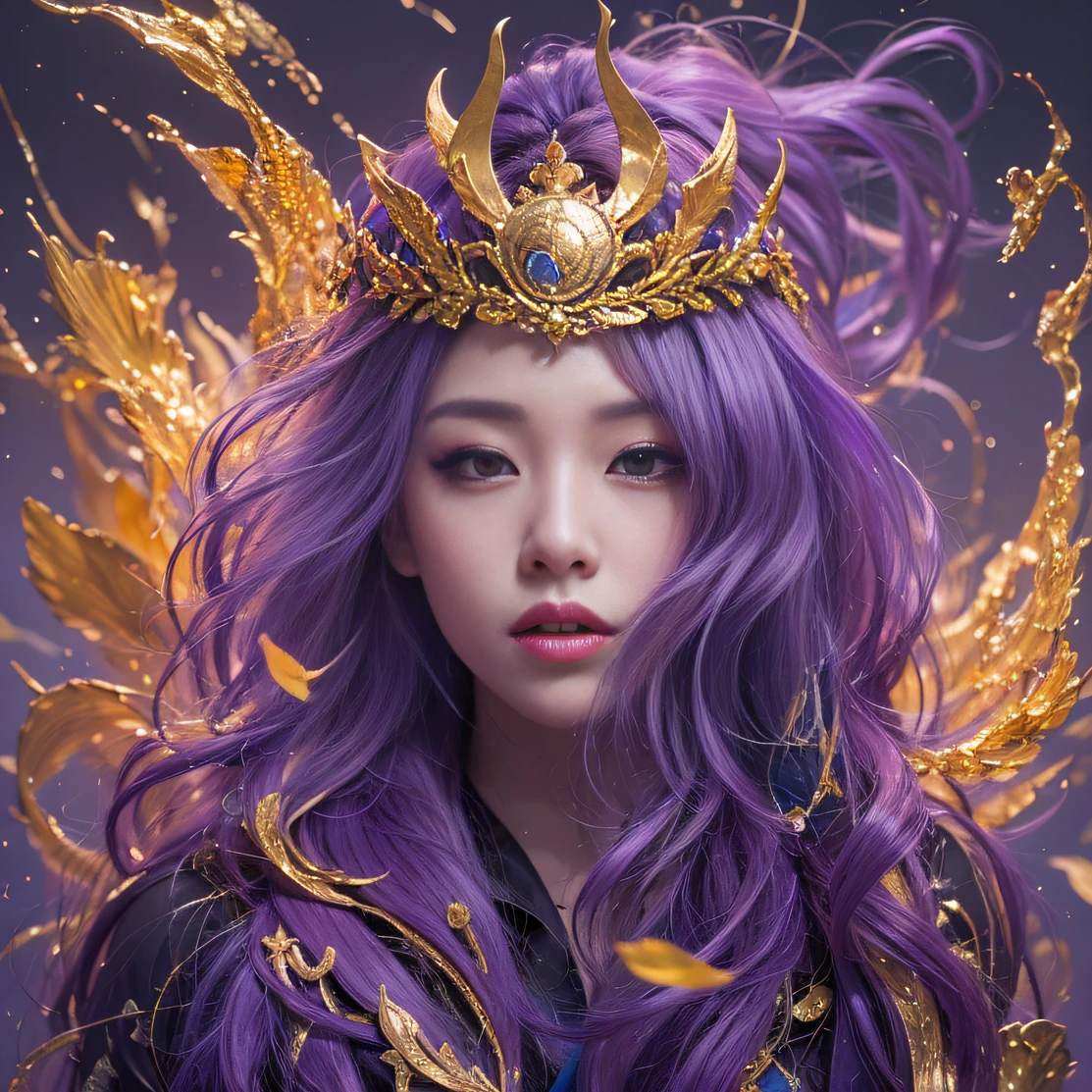 Genki Girl 32K(tmasterpiece,k hd,hyper HD,32K)Long flowing bright purple hair,Autumn Pond,zydink, a color, Proud of the Continent (The astronaut), (Black and gold scarf), Combat posture, looking at the ground, long whitr hair, Floating bright purple, Fire cloud pattern gold tiara, Chinese long-sleeved gold silk garment, (Abstract metaverse splash:1.2), white backgrounid,Lotus vitality protector(realisticlying:1.4),Bright purple hair,Smoke on the road,The background is pure, A high resolution, the detail, RAW photogr, Sharp Re, Nikon D850 Film Stock Photo by Jefferies Lee 4 Kodak Portra 400 Camera F1.6 shots, Rich colors, ultra-realistic vivid textures, Dramatic lighting, Unreal Engine Art Station Trend, cinestir 800,A girl with long flowing bright purple hair