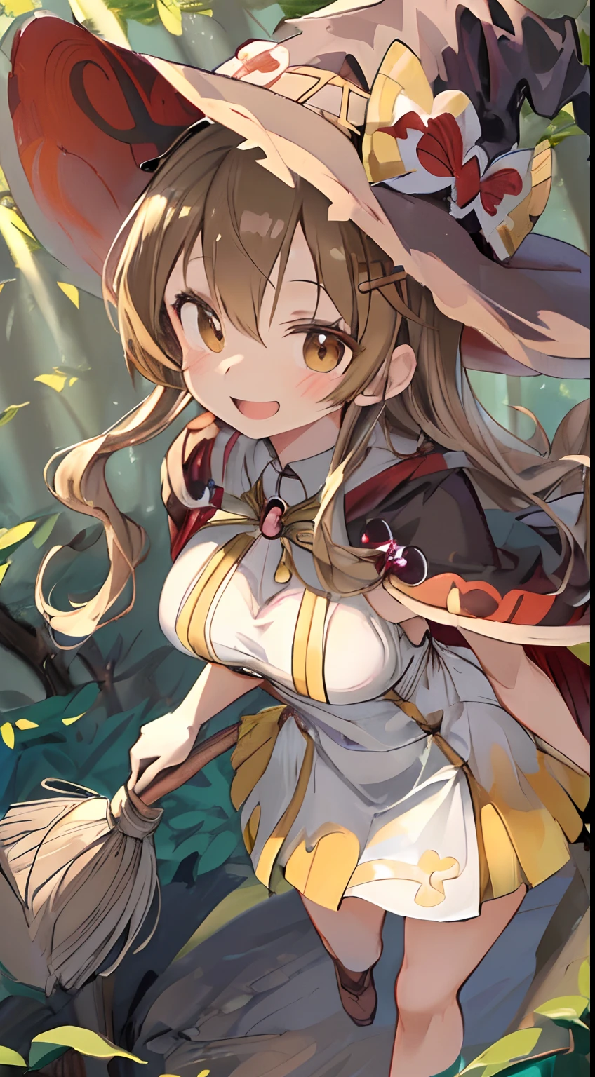 (masutepiece, Best Quality:1.3), 1girl in, medium breasts, Confident smile, alluring face。Light brown、Loose wavy hair。Light brown dress。Light brown cape。Light brown witch hat。I have a broom about my height。The background is in the forest with sunlight。