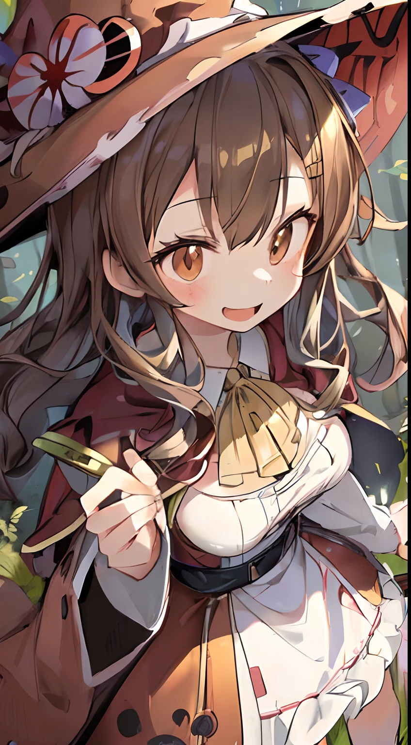 (masutepiece, Best Quality:1.3), 1girl in, medium breasts, Confident smile, alluring face。Light brown、Loose wavy hair。Light brown dress。Light brown cape。Light brown witch hat。I have a broom about my height。The background is in the forest with sunlight。