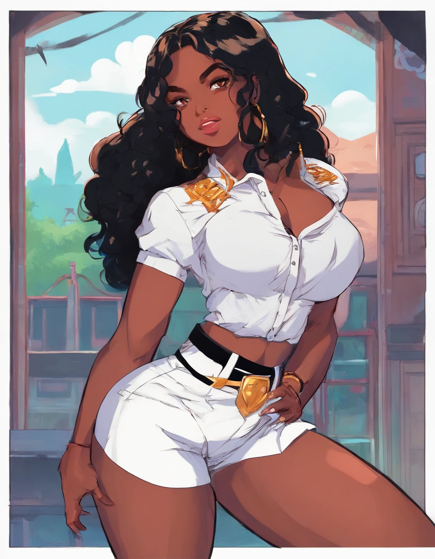il y a une femme en chemise blanche et culotte noire, poils, very poilu, son nombril est exposé, beautiful poilu, poilu bodies, very poilu bodies, artiste portant des vêtements sales, cheveux bruns très touffus, poilu, wet poilu bodies, Les poils du torse, nombril montrant, très en sueur, ne pas porter beaucoup de vêtements, elle a les cheveux en désordre, poilu body
