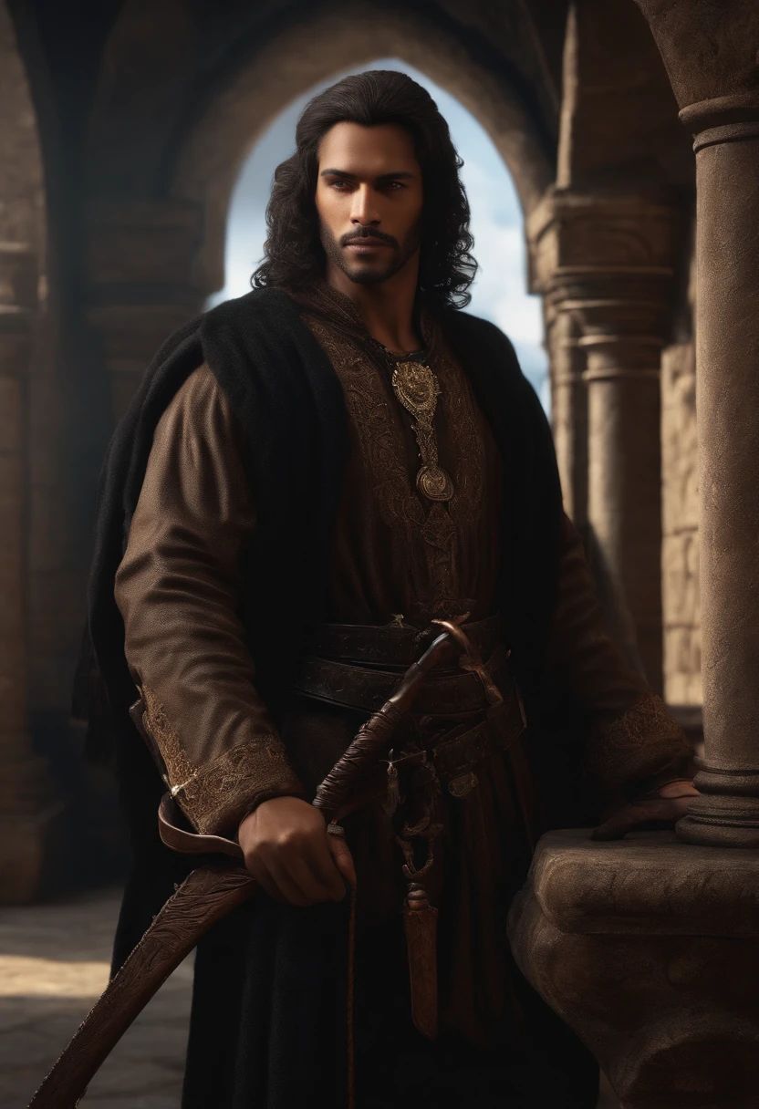 homem negro, careca, cavanhaque, estilo medieval, estilo castlevania, ultra realista, 3d