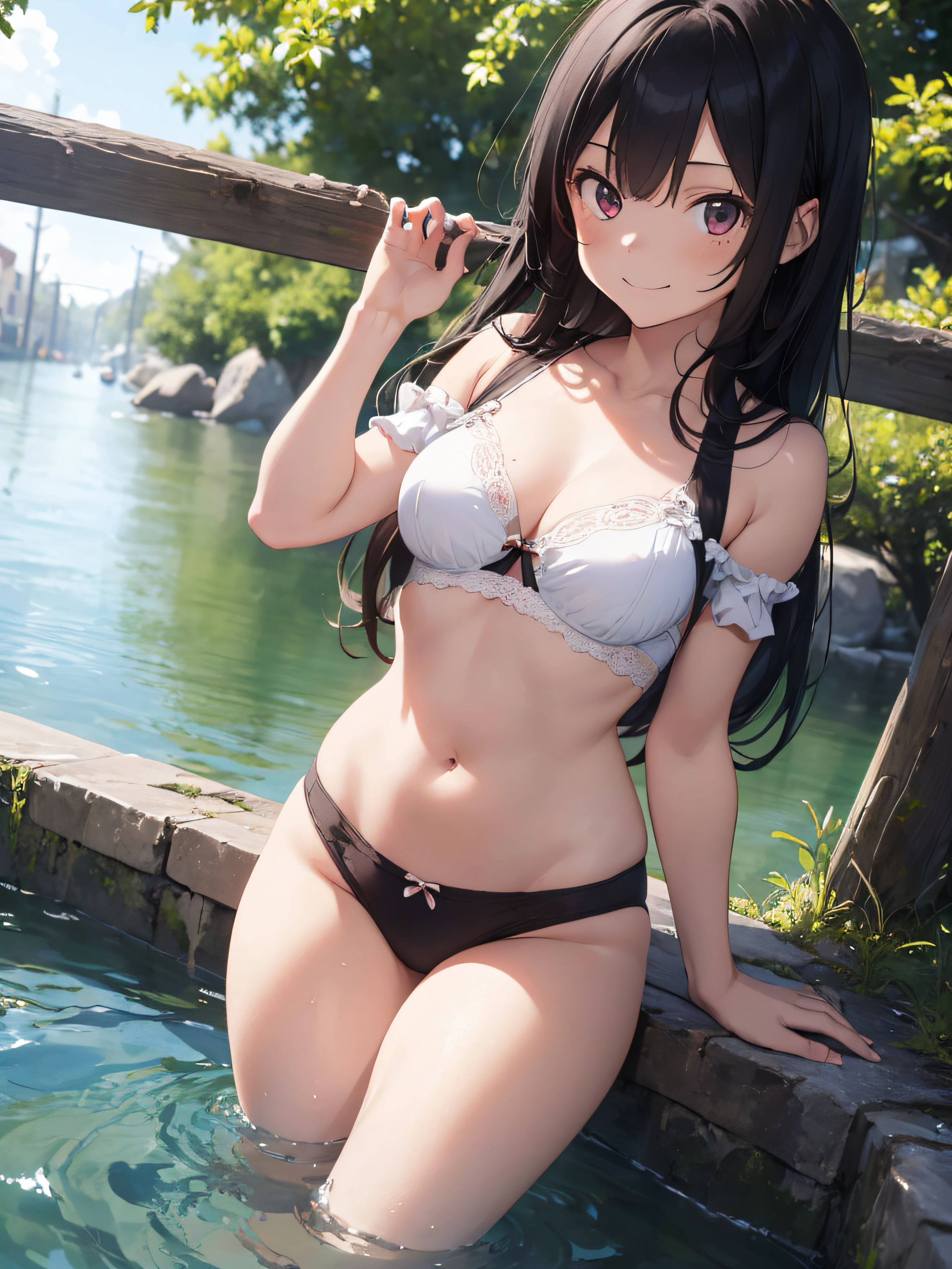 (masutepiece,hight resolution,16 K:1.2),(1girl in:1.3),off shoulders,Long hair,Cute white underwear,Beautiful thighs,Beautiful navel,beatiful detailed eyes,Looks like a 12-year-old,150cm petite beautiful girl,a baby face,A smile,Stand on clear water,Raw photo