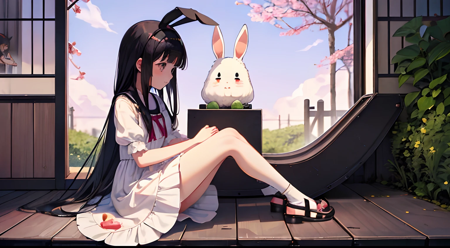 anime girl with long black hair sitting on ground next to a rabbit, **** in dress, soft anime illustration, cute anime waifu in a nice dress, ****, by Shingei, lovely languid princess, yuruyuri, by Jin Homura, cute anime, shikamimi, pixiv, small curvy ****, at pixiv, bunny girl