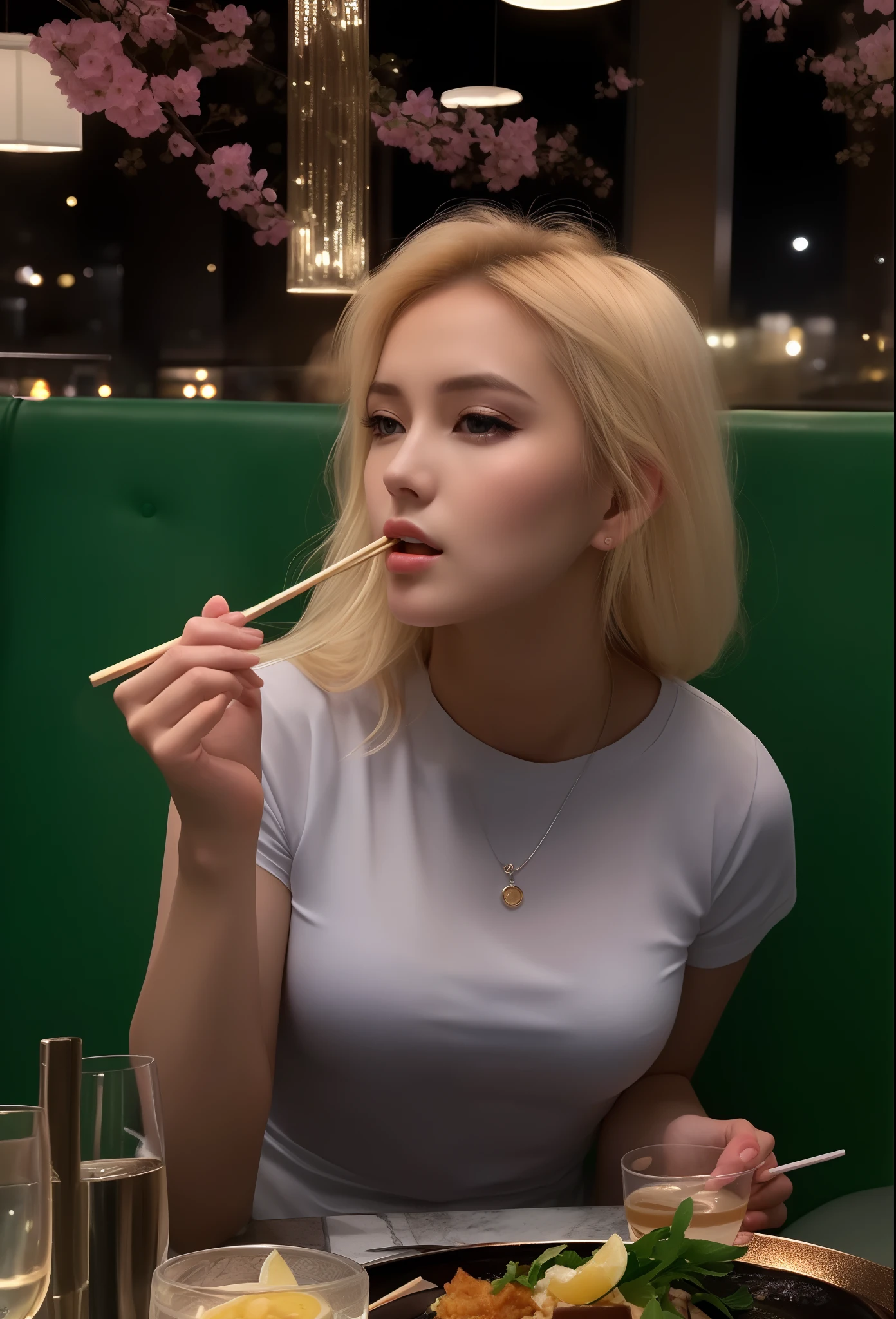 Blonde woman eating a meal in a restaurant with chopsticks in her mouth, Yelena Belova, Irina Nordsol Kuzmina, Anastasia Ovchinnikova, julia gorokhova, Estilo de Julia Razumova, Viktoria Gavrilenko, Anna Nikonova aka Newmilky, Olga Buzova, namorada russa, Alina Ivanchenko, fotografia realista, fotografia, obra-prima, realista, Realismo, renderizado, Alto contraste, Arte Digital, fotográficorealista, trend in Artstation 8k HD, high definiton, circunstanciado, Realistic, detalhada, textura da pele, hiperdetalhada, Textura realista da pele, melhor qualidade, ultra high-resolution, (fotografia realista: 1.4), alta resolução, detalhada, fotografia crua, sharp resolution, Nikon D850 filmes, fotografia de stock 4, Kodak Portra 400 Camera F1 Lens.6, textura hiper realista, lighting dramatic, Unrealistic trend in Artstation Cinestill 800, ..RAW.