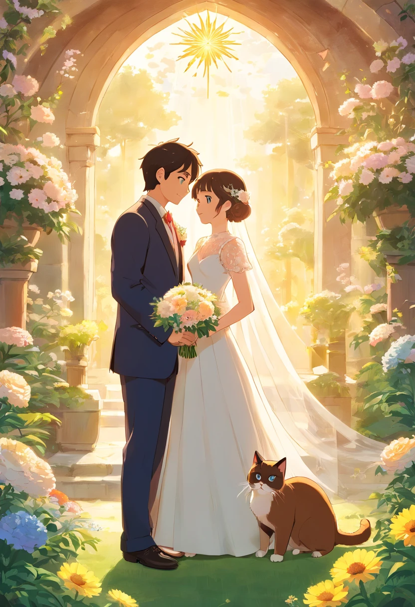 (Poster design)A wedding poster,Groom and bride,Holding a Siamese cat,fresh flowers,rays of sunshine
