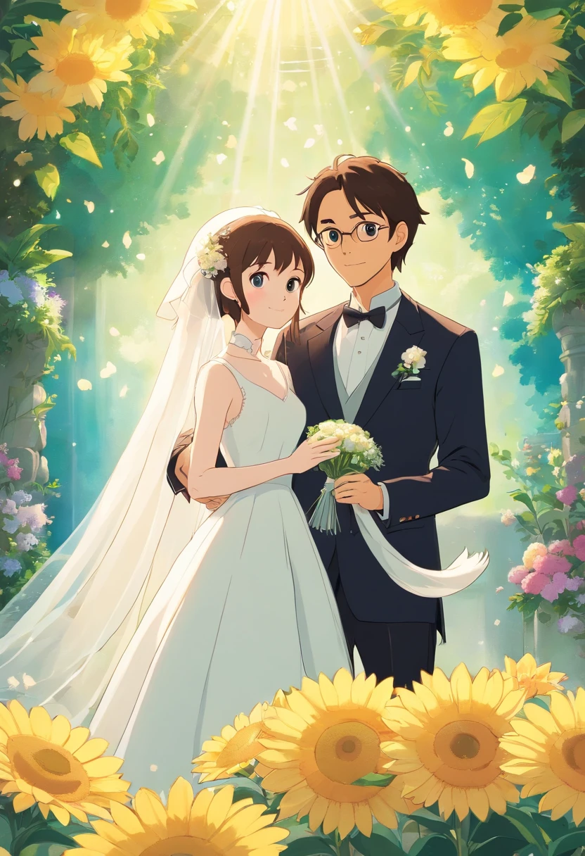 (Poster design)A wedding poster,Groom and bride,Holding a Siamese cat,fresh flowers,rays of sunshine
