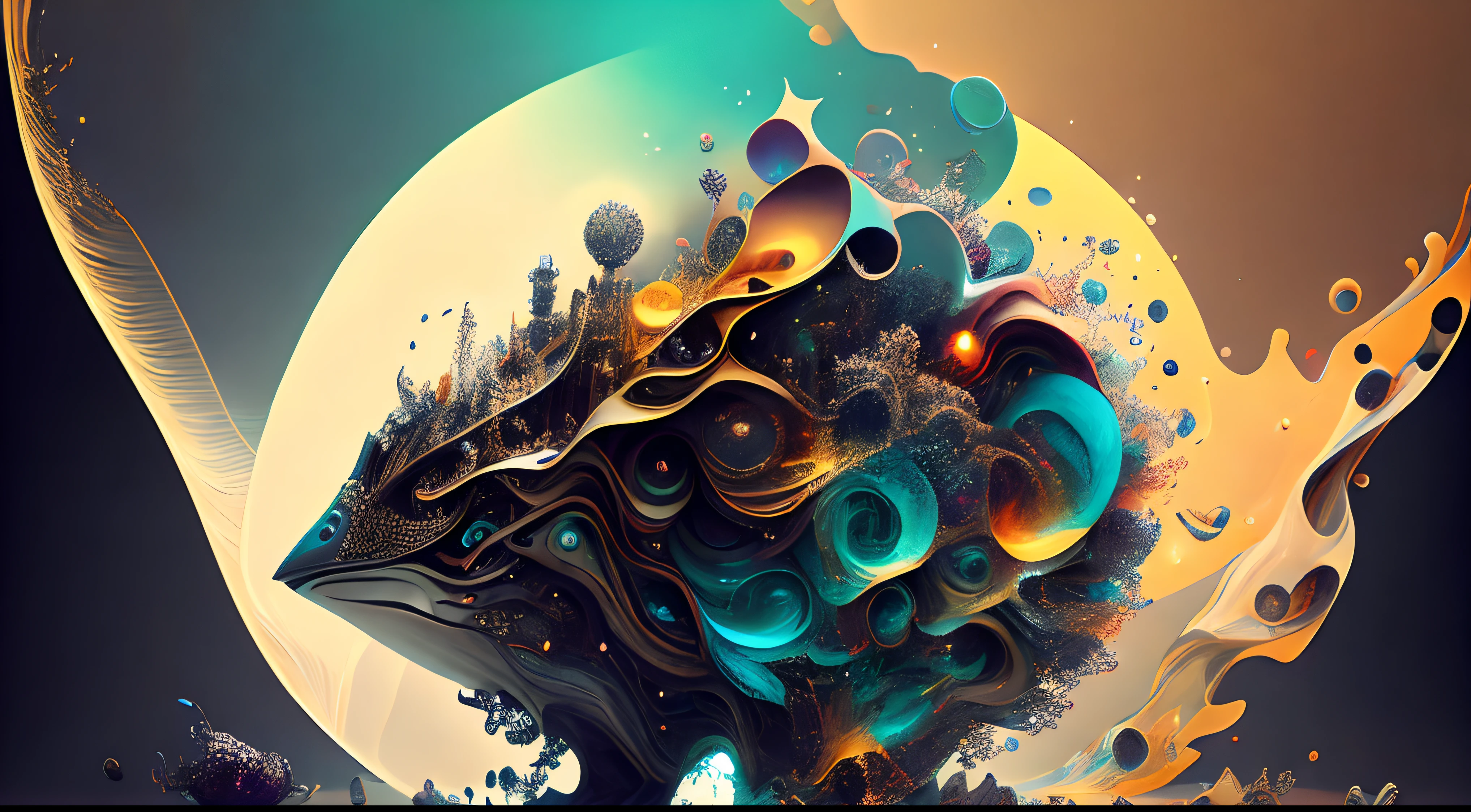 Obra de Arte abstracto en movimiento.Arte de Alberto Severo. Un primer plano de chorros y corrientes de metales preciosos fundidos que chocan entre si y forman , inmensas cantdades de gotas multicolores y chorros metalicos de oro, plata, cobre mercurio, que burbujean ,explotan ,remolinean y fluyen y ocupan todo el espacio, nubes de fluidos de colores metalicos dorados, plateados, cobrizos brillantes y tornasolados,burbujas tornasoladas, ,remolinos de gotas tornasoladas que giran y escapan.Crea una fascinante obra de arte abstracta con un enfoque en la fluidez y el movimiento. Utilice una paleta de colores rica y diversa, Blend tones seamlessly to evoke a sense of continuous movement, Background of psychedelic fuids in motion. Arte de los fluidos en movimiento