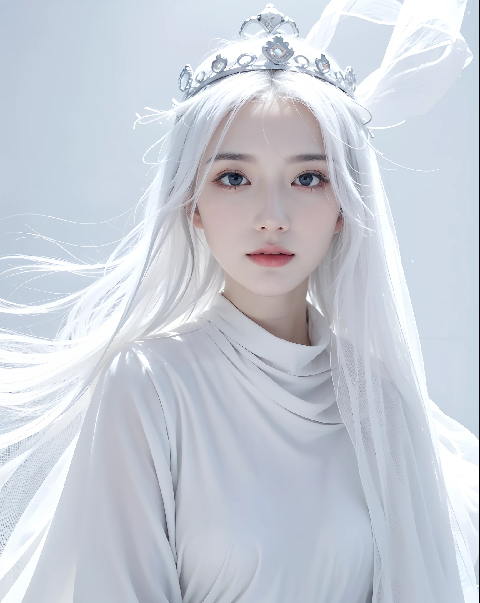 there is a woman with a crown on her head posing for a picture, heavenly, whie tcolor, with white, white sky, with white skin, white gold, white color, milky white skin, white wings, white crown, white veil, white monochrome color!!!!!, white light halo, white!!, dressed in white, white and black, white light