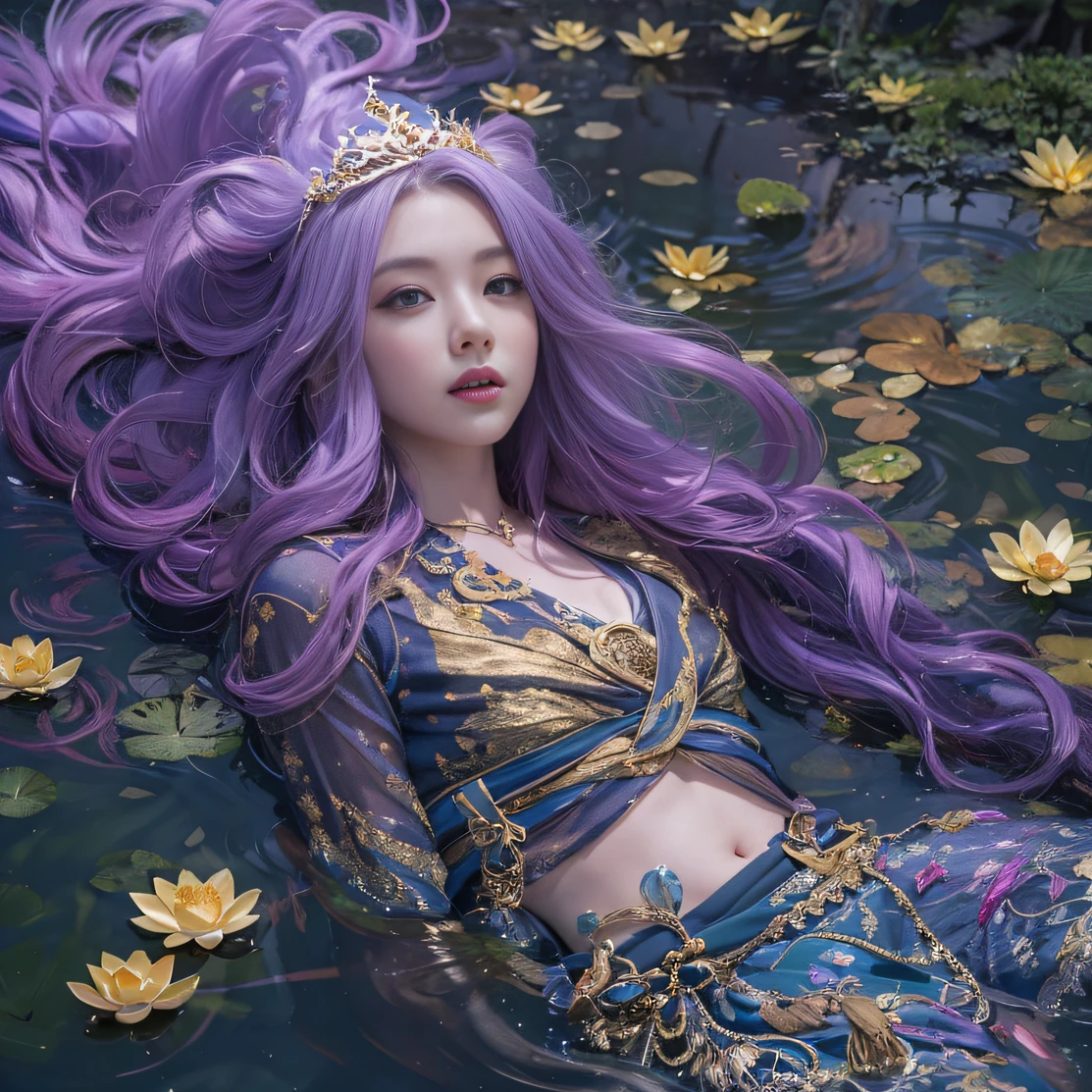 Genki Girl 32K（tmasterpiece，k hd，hyper HD，32K）Long flowing bright purple hair，Autumn Pond，zydink， a color，Silent （The astronaut）， （Black and gold scarf）， Combat posture， looking at the ground， long whitr hair， Floating bright purple， Fire cloud pattern gold tiara， Chinese long-sleeved gold silk garment， （Abstract metaverse splash：1.2）， white backgrounid，Lotus vitality protector（realisticlying：1.4），Bright purple hair，Smoke on the road，The background is pure， A high resolution， the detail， RAW photogr， Sharp Re， Nikon D850 Film Stock Photo by Jefferies Lee 4 Kodak Portra 400 Camera F1.6 shots, Rich colors, ultra-realistic vivid textures, Dramatic lighting, Unreal Engine Art Station Trend, cinestir 800，A girl with long flowing bright purple hair