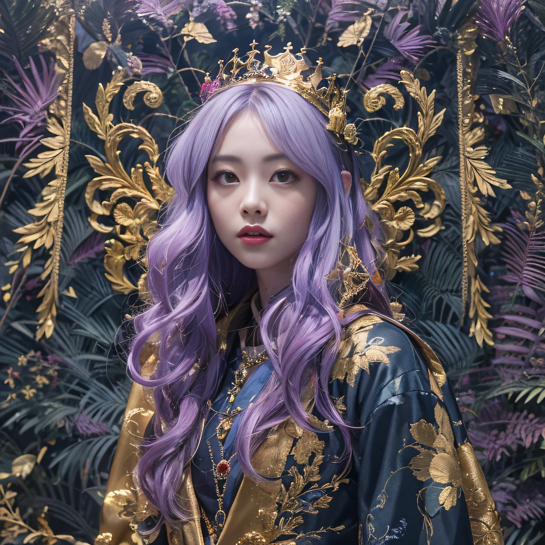 Genki Girl 32K(tmasterpiece,k hd,hyper HD,32K)Long flowing bright purple hair,Autumn Pond,zydink, a color,Silent (The astronaut), (Black and gold scarf), Combat posture, looking at the ground, long whitr hair, Floating bright purple, Fire cloud pattern gold tiara, Chinese long-sleeved gold silk garment, (Abstract metaverse splash:1.2), white backgrounid,Lotus vitality protector(realisticlying:1.4),Bright purple hair,Smoke on the road,The background is pure, A high resolution, the detail, RAW photogr, Sharp Re, Nikon D850 Film Stock Photo by Jefferies Lee 4 Kodak Portra 400 Camera F1.6 shots, Rich colors, ultra-realistic vivid textures, Dramatic lighting, Unreal Engine Art Station Trend, cinestir 800,A girl with long flowing bright purple hair