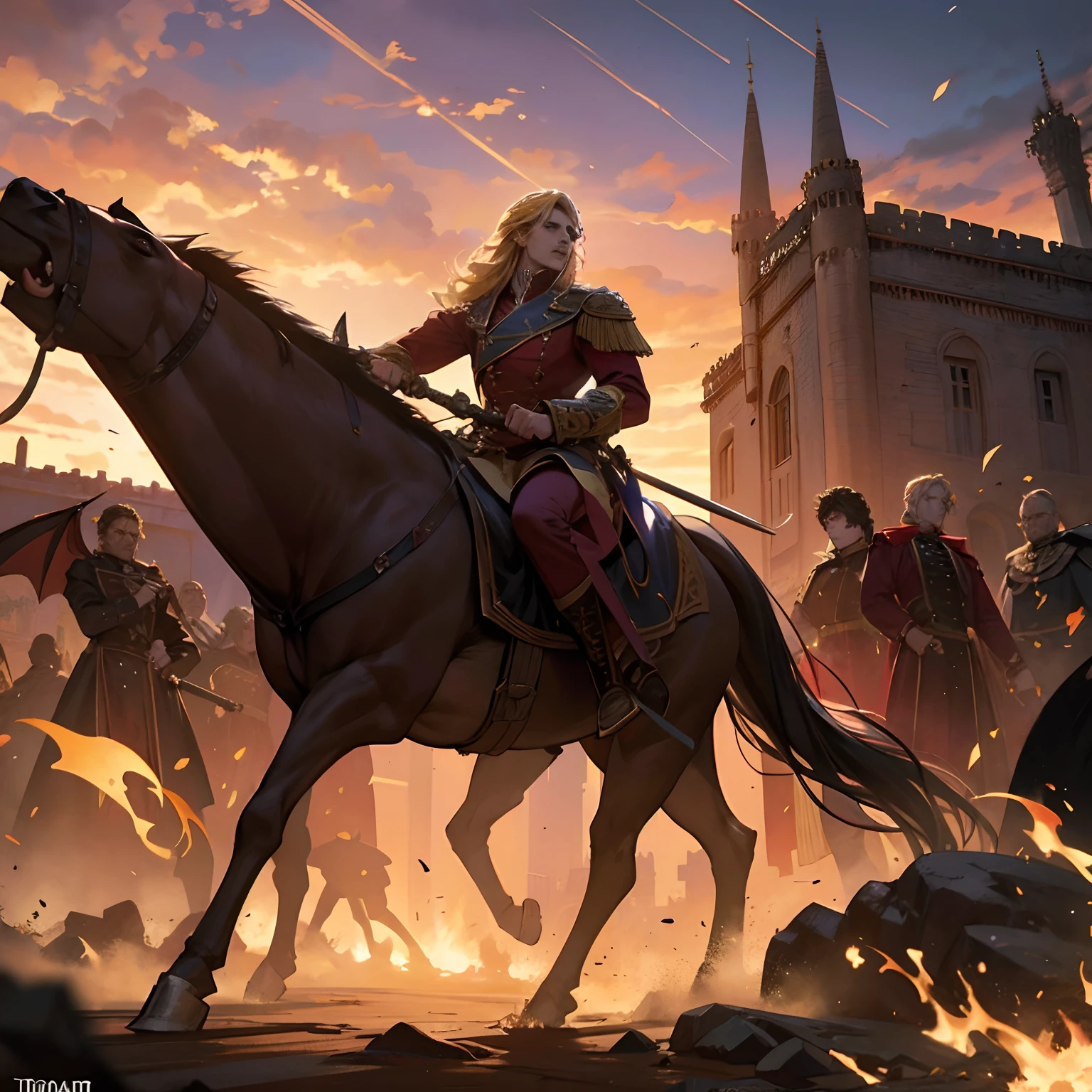 Lord Dracula blond hair leading troops armed with demons in moroccan environment city architecture hyper realistic super detailed dynamic shot masterpiece cinematic scene scenes legendary epic movie legendary perspective super detailed sharp poses