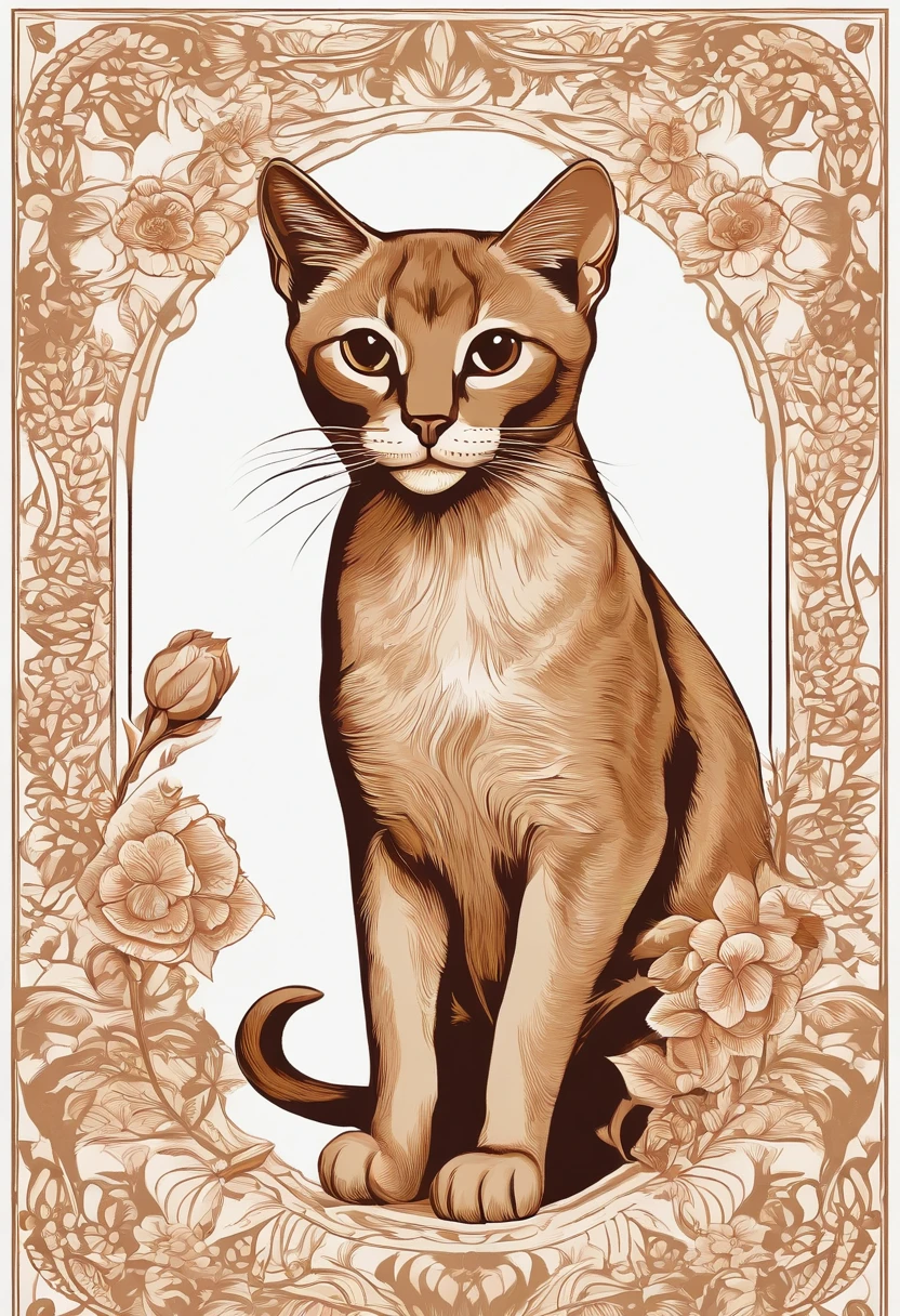 abyssinian cat with classical floral elements emanating from center of face, woodcutting template, decorative design, classical ornament, motif, bilateral symmetry, roses, leaves, flowers, buds, flowering buds, feathers, negative space, highly detailed etching