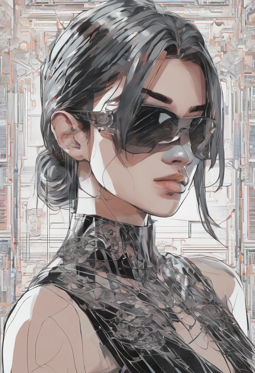 Portrait of an attractive beautiful woman with black hair with gothic costume, (altamente detalhado: 1.2), Hyper-detailed eyes and use of high-tech sunglasses with holographic display 1.2) ,multidimensional geometric wall PORTRAIT, arte, Chibi,Yang08k, lindo, Colouring,