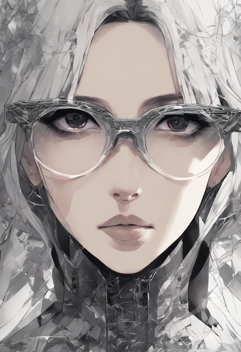 Portrait of an attractive beautiful woman with black hair with gothic costume, (altamente detalhado: 1.2), Hyper-detailed eyes and use of high-tech sunglasses with holographic display 1.2) ,multidimensional geometric wall PORTRAIT, arte, Chibi,Yang08k, lindo, Colouring,