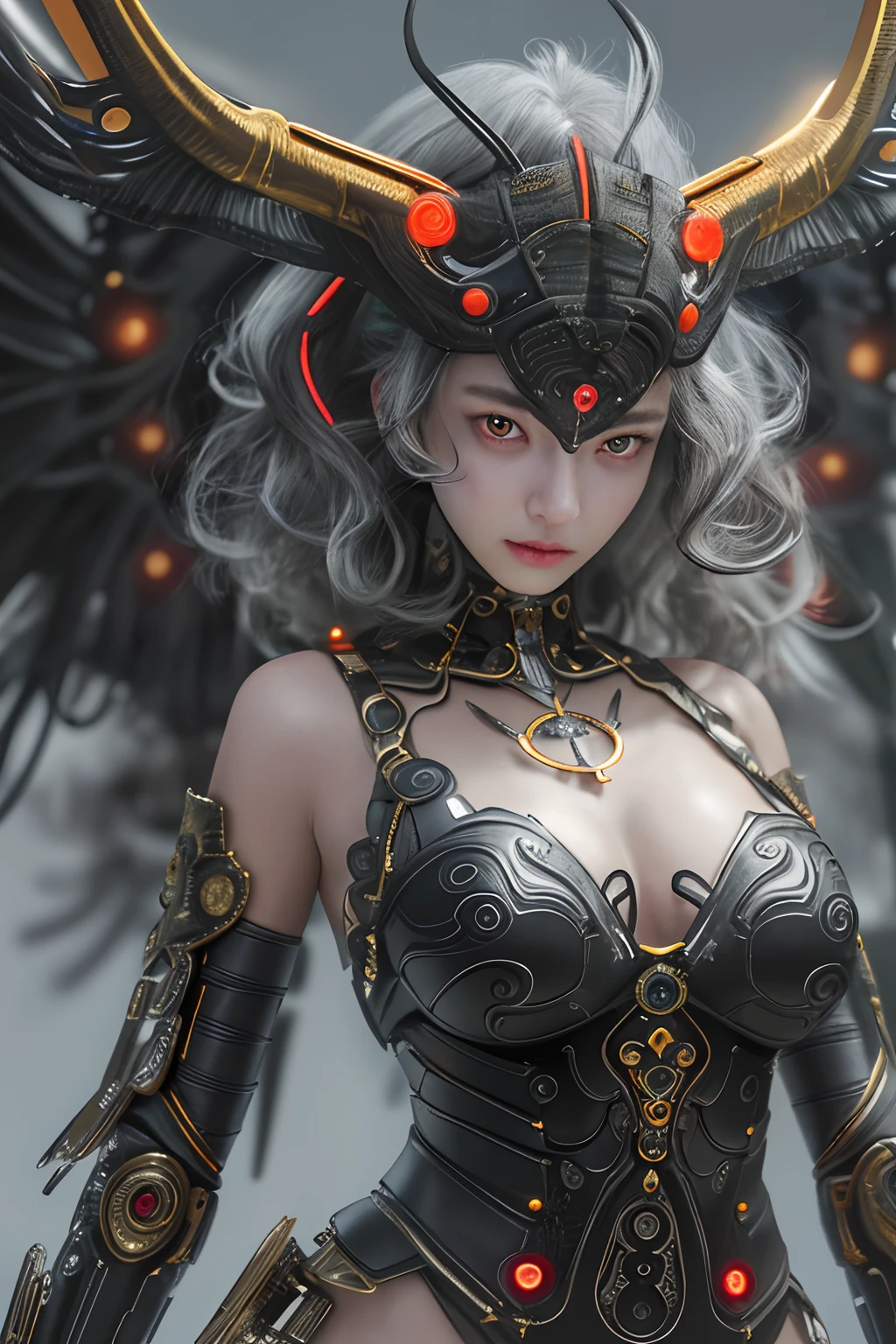 top-quality、​masterpiece、超A high resolution、(Photorealsitic:1.4)、Raw photo、女の子1人、curly black hair、glowy skin、1 Machine Devil、flying, large metal wings、Metal horn、((super realistic details))、portlate、globalillumination、Shadow、octan render、8K、ultrasharp、Colossal tits、Raw skin is exposed in cleavage、Black fiberglass body、Details of intricate gilded ornaments、Sumerian details、About Cyberpunk、Glowing LEDs、IC chips、Data Links、Hydraulic cylinder、highly intricate detail、Realistic light、Red Eyes、radiant eyes、Facing the camera、neon details、Mechanical limbs、blood vessels connected to tubes、Mechanical vertebrae attached to the back、mechanical cervical attaching to neck、cowboy  shot、Wires and cables connecting to the head、Luminous tube、Small LED lamp、