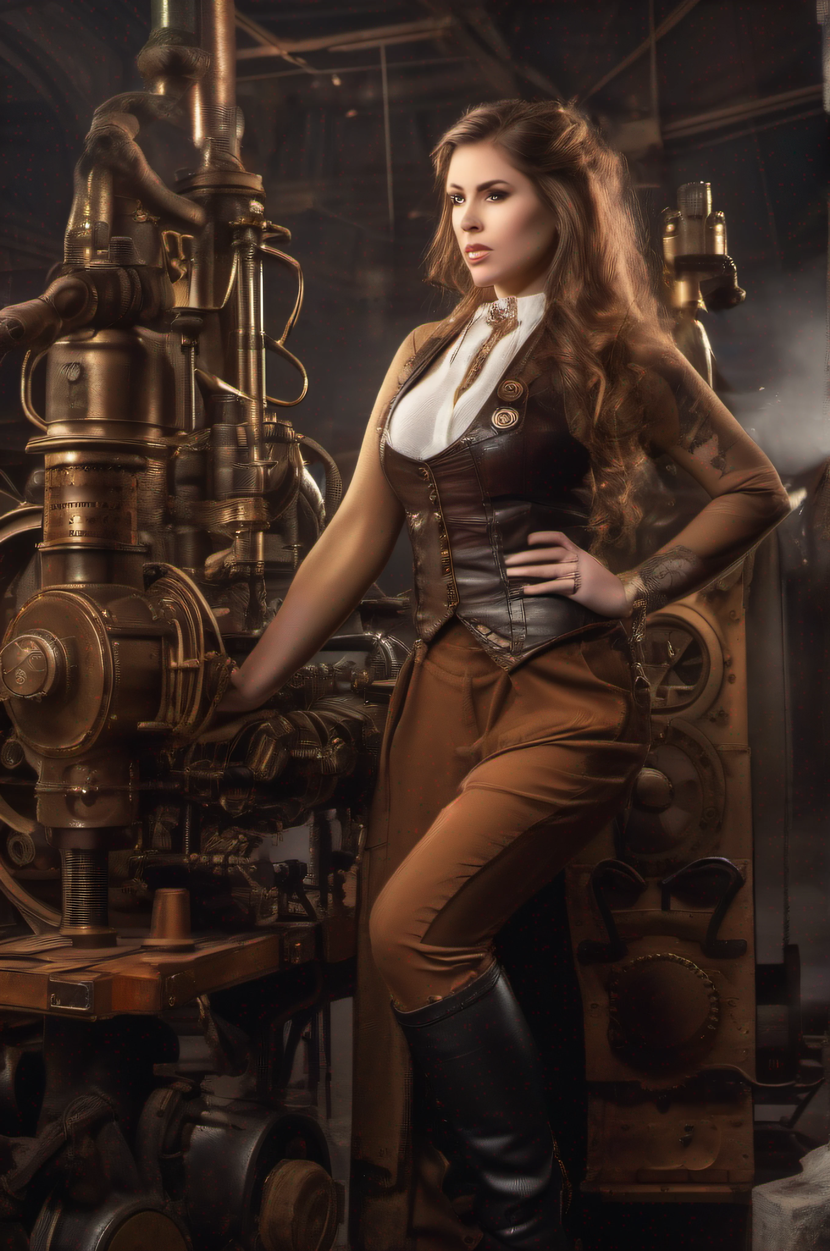 In a realistic professional and marketing photoshoot, capture the essence of a Steampunk woman amidst a backdrop of intricate machinery. Utilize beautiful lighting and meticulous attention to detail to showcase her unique character. Experiment with depth of field to create a visually captivating image.