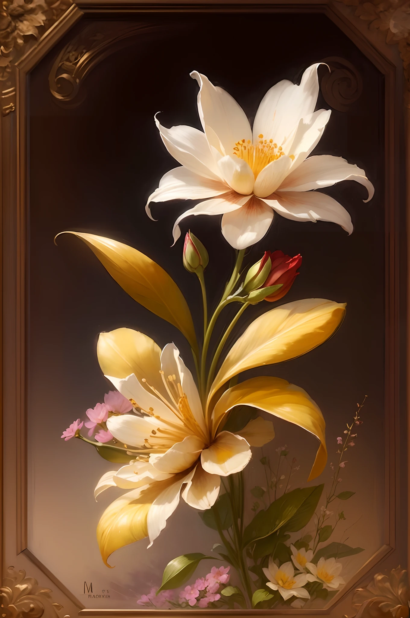 no human illustration of flower, elegant digital illustration, realistic flowers illustration, elegant flowers, beautiful digital painting, painting of beautiful, beautiful art uhd 4 k, elegant and refined painting, beautiful digital art, flowers, beautiful digital artwork, large exotic flowers, detailed flowers, by Marek Okon,flowers red flower with green leaf