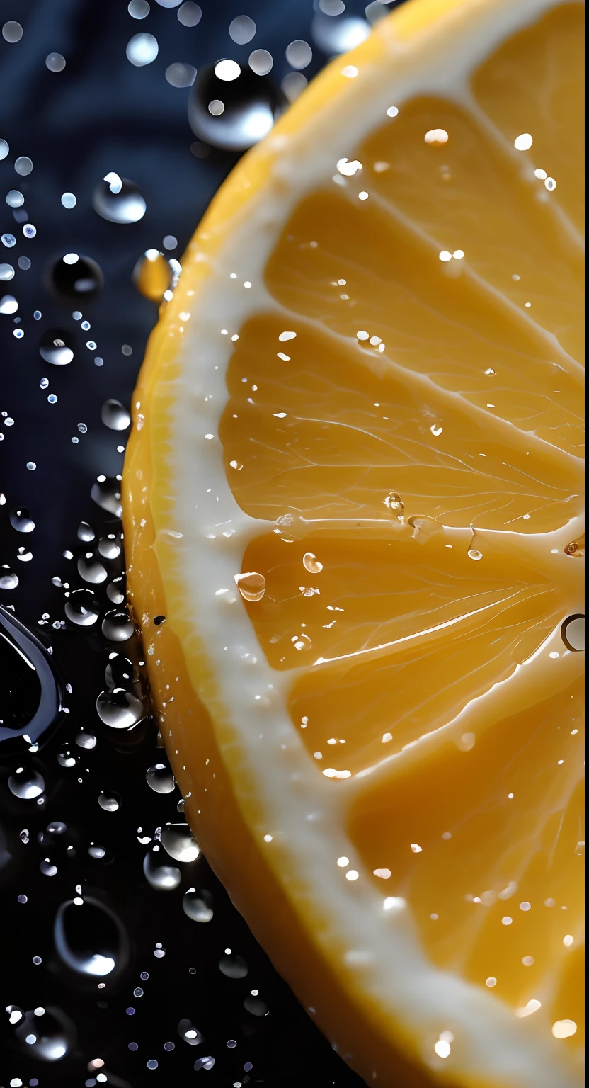 There is a close-up of a drop of orange, professional fruit photography, Close up photography, detailed droplets, Orange tablets, close up food photography, Close-up photography, Close-up - upward photography, droplets, focus on droplets, macro photography, Water droplets, Detailed photography, macro art, hd macro photographs, Close-up macro photography
