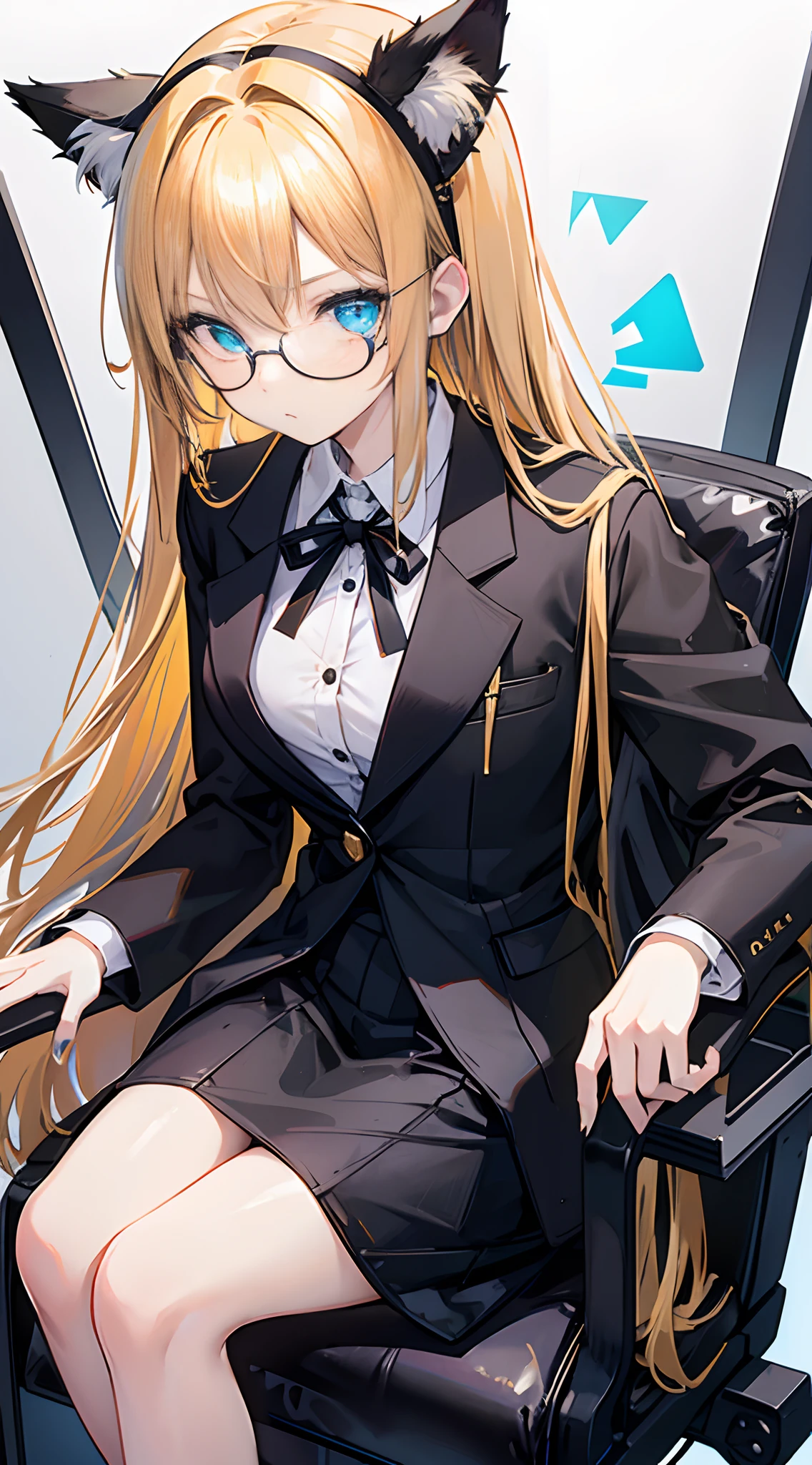 18-year-old woman with golden hair, turquoise eyes, long hair Tie a black ribbon on the back. Cat ears with collars, eyes glasses Wearing a black work suit, sitting on a chair.