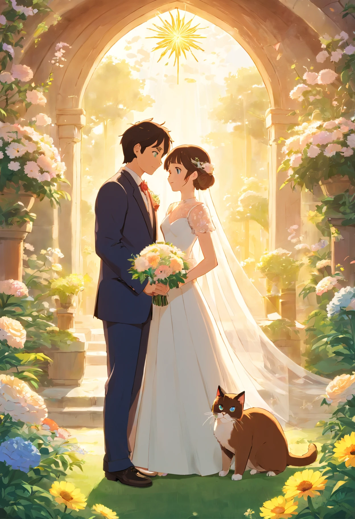 (Poster design)A wedding poster,Groom and bride,Holding a Siamese cat,fresh flowers,rays of sunshine