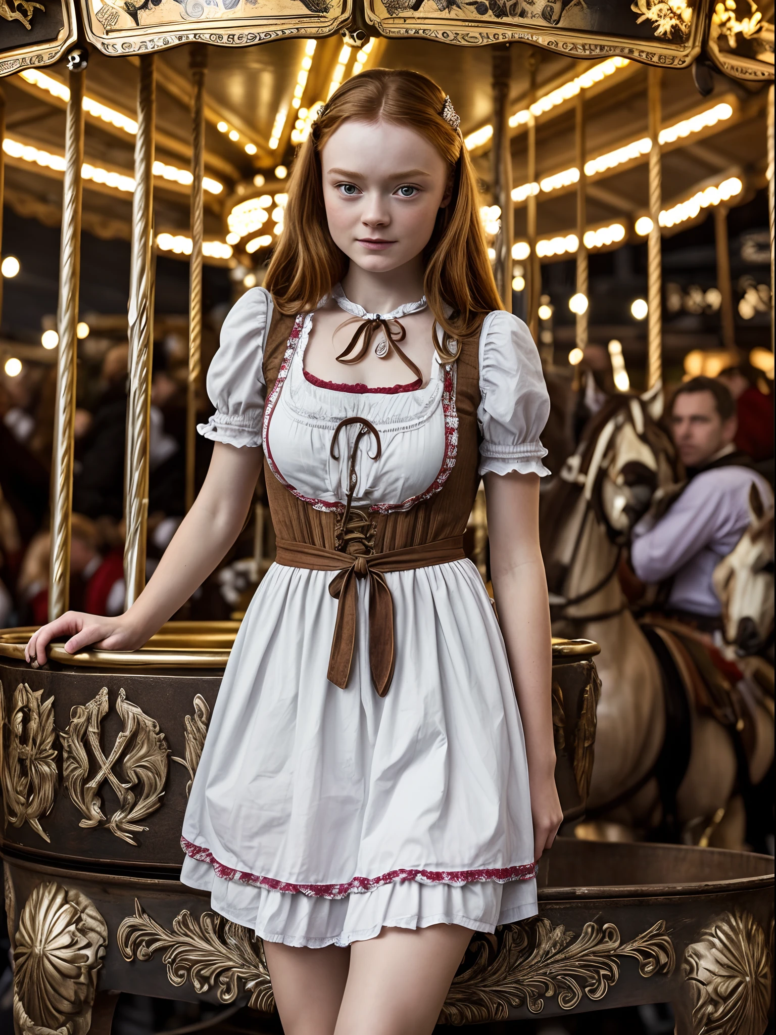 Sadie Sink, dirndl, Oktoberfest, ultra detailed, ultra realistic, detailed background, sitting in carousel