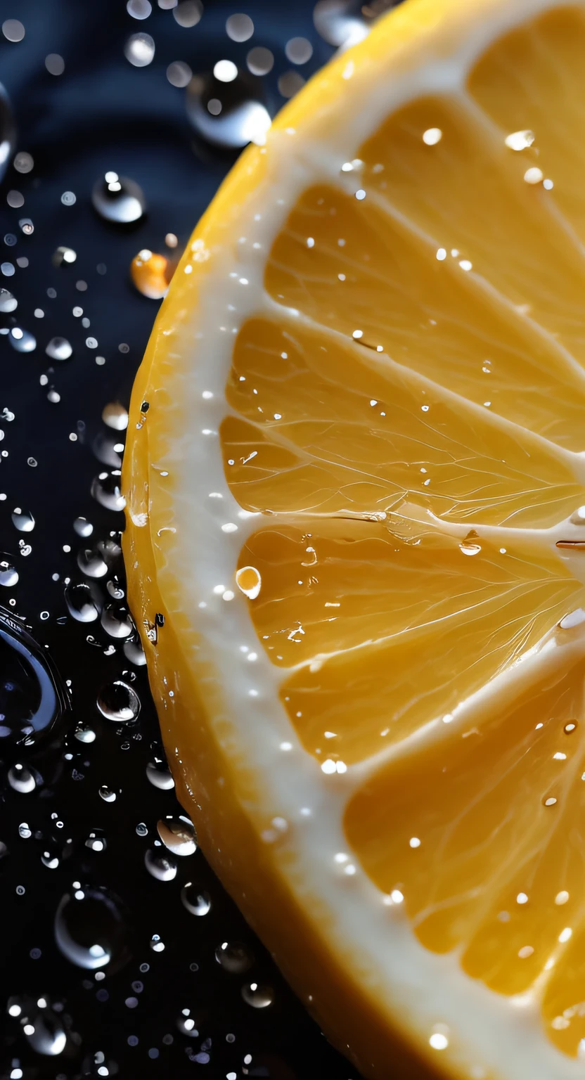 There is a close-up of a drop of orange, professional fruit photography, Close up photography, detailed droplets, Orange tablets, close up food photography, Close-up photography, Close-up - upward photography, droplets, focus on droplets, macro photography, Water droplets, Detailed photography, macro art, hd macro photographs, Close-up macro photography