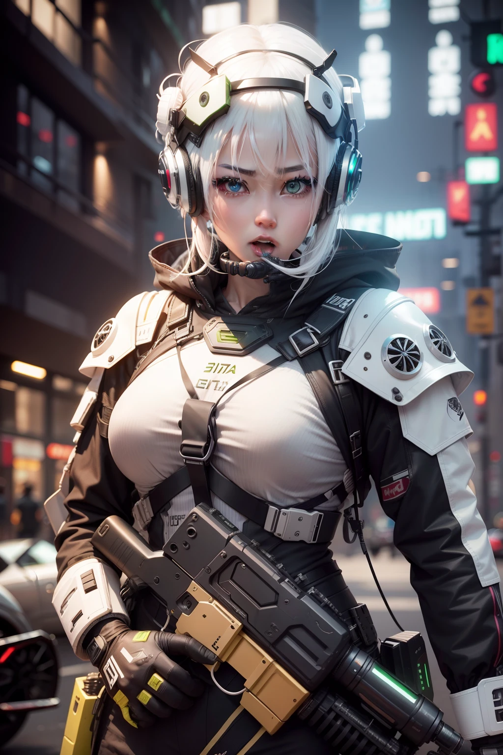 girl, White hair, NVIDIA, Cyberpunk、Without helmet、Open your mouth wide