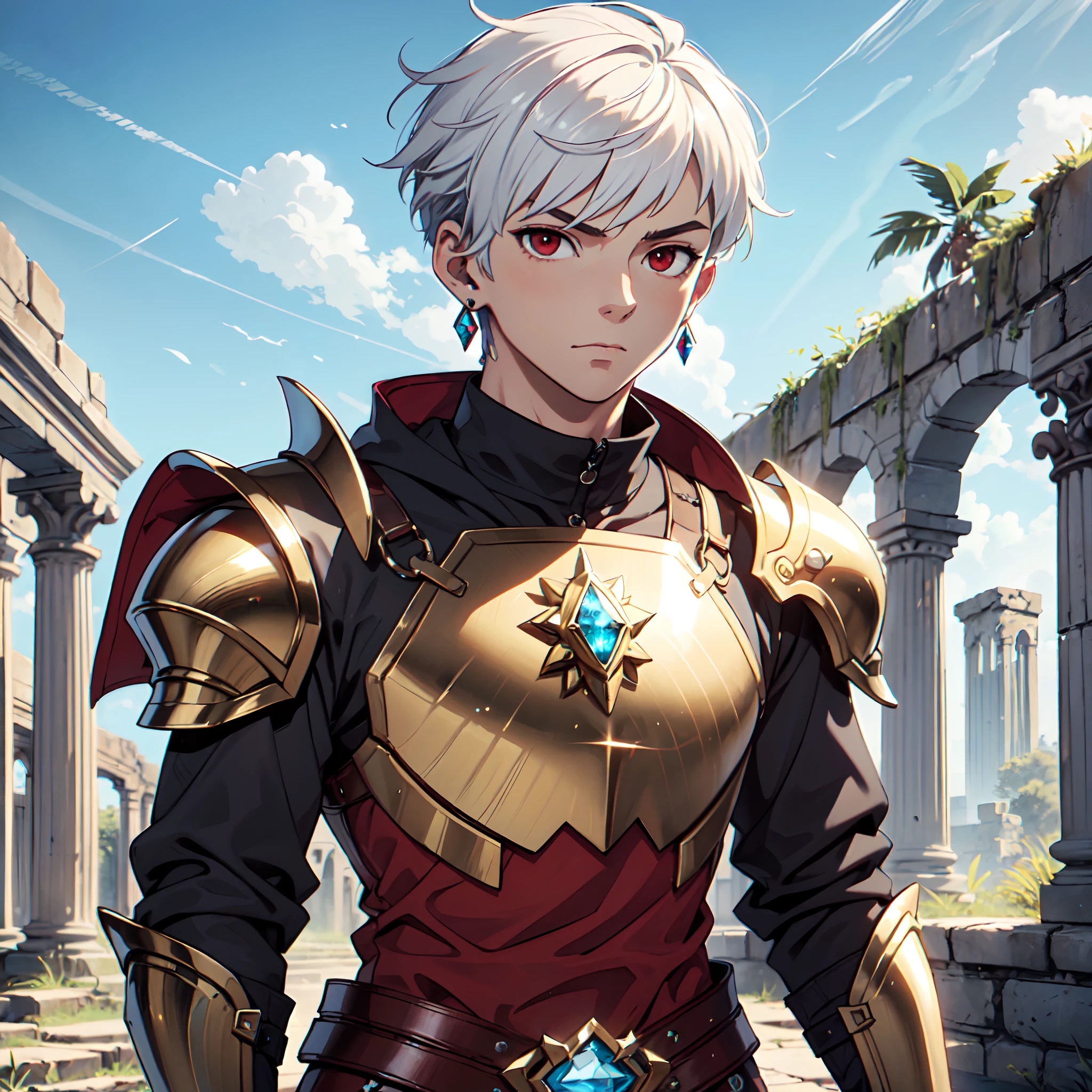 128K Ultra High Definition,
128K Ultra High Quality,
128K Ultra High Resolution,
128K Definition,
128K Quality,
128K Resolution,
Best Definition,
Best Quality,
Best Resolution,
Hyper Detailed,
Hyper Definition,
Hyper Quality,
Hyper Resolution,
Perfectly Detailed,
Perfectly Designed,
Masterpiece,
Body Shot,
Anime,
(((1 ))),
(((Handsome))),
(((Short White Hair))),
(((Undercut Hairstyle))),
(((Red Eyes))),
(((Wearing Gem Jeweled Earrings))),
(((Wearing Warrior Armor))),
Ancient Ruins Scenery Background,