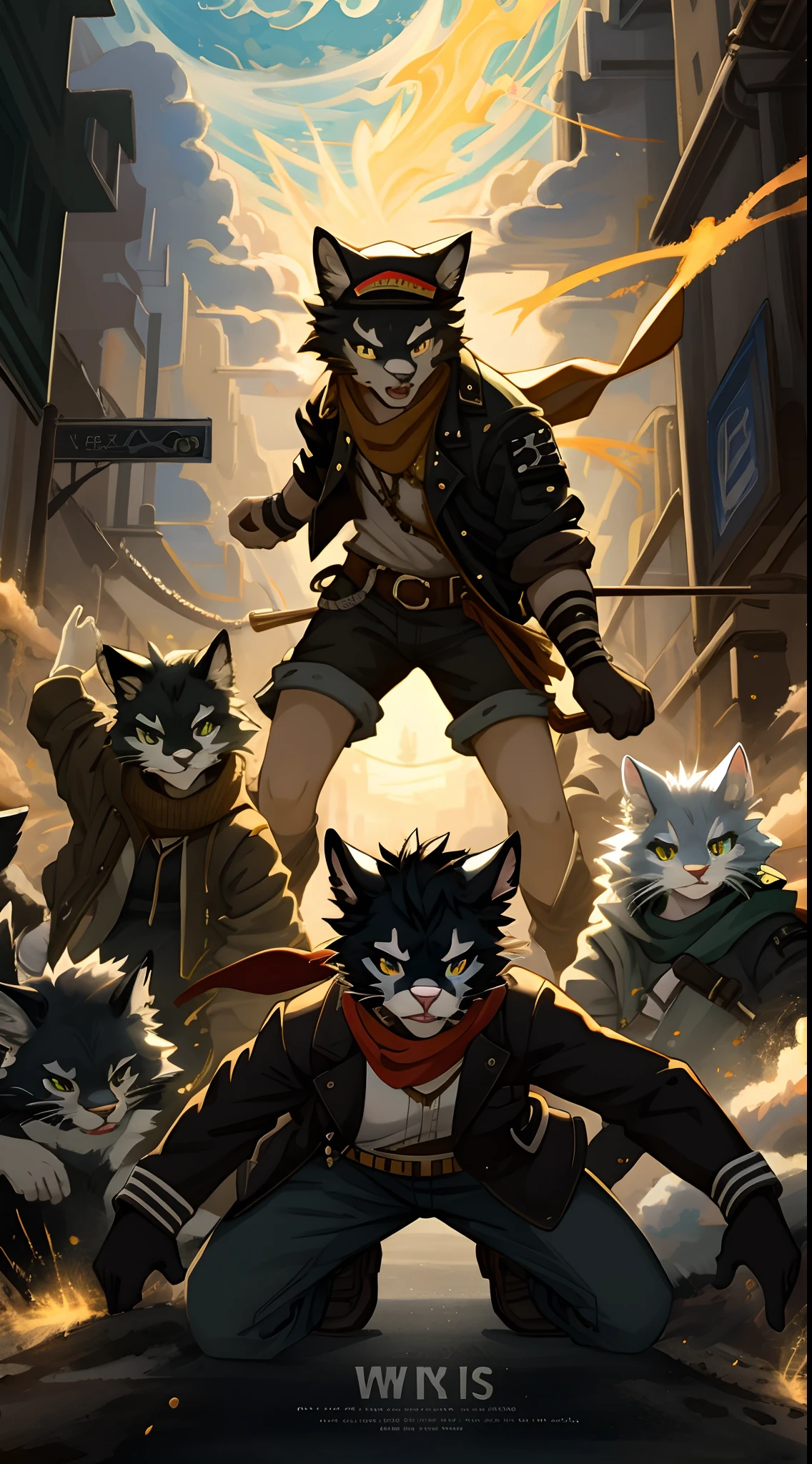 highres, top quality, best quality, paid reward available, High-quality illustrations, unparalleled masterpiece, perfect artwork, absurdres(movie poster)a painting of a cat wearing a hat and scarf, trending in the art station, dressed in punk clothes, detailed hyper realistic rendering, british gang member, street style, intimidating pose, planet of the cats, clothes with fashion, urban samurai, meow, west slavic features, 6+boys, 6+girls(highly detailed beautiful face and eyes)perfect anatomy, expression, caustics, lens flare, cinematic lighting, deep shadow, assorted poses, dynamic angle,